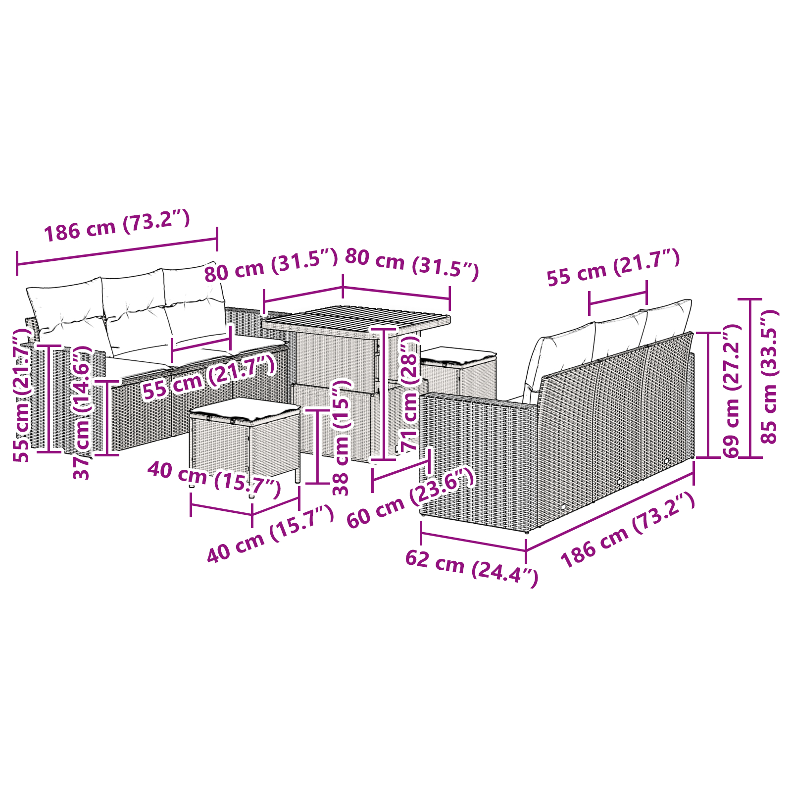 Set Canapea pentru Grădină  cu 9 Piese și Pernuțe Negre din Ratan Poliester, Set de Dining pentru Grădină  cu 3 Piese și Pernuțe Negre din Ratan Poliester [8]