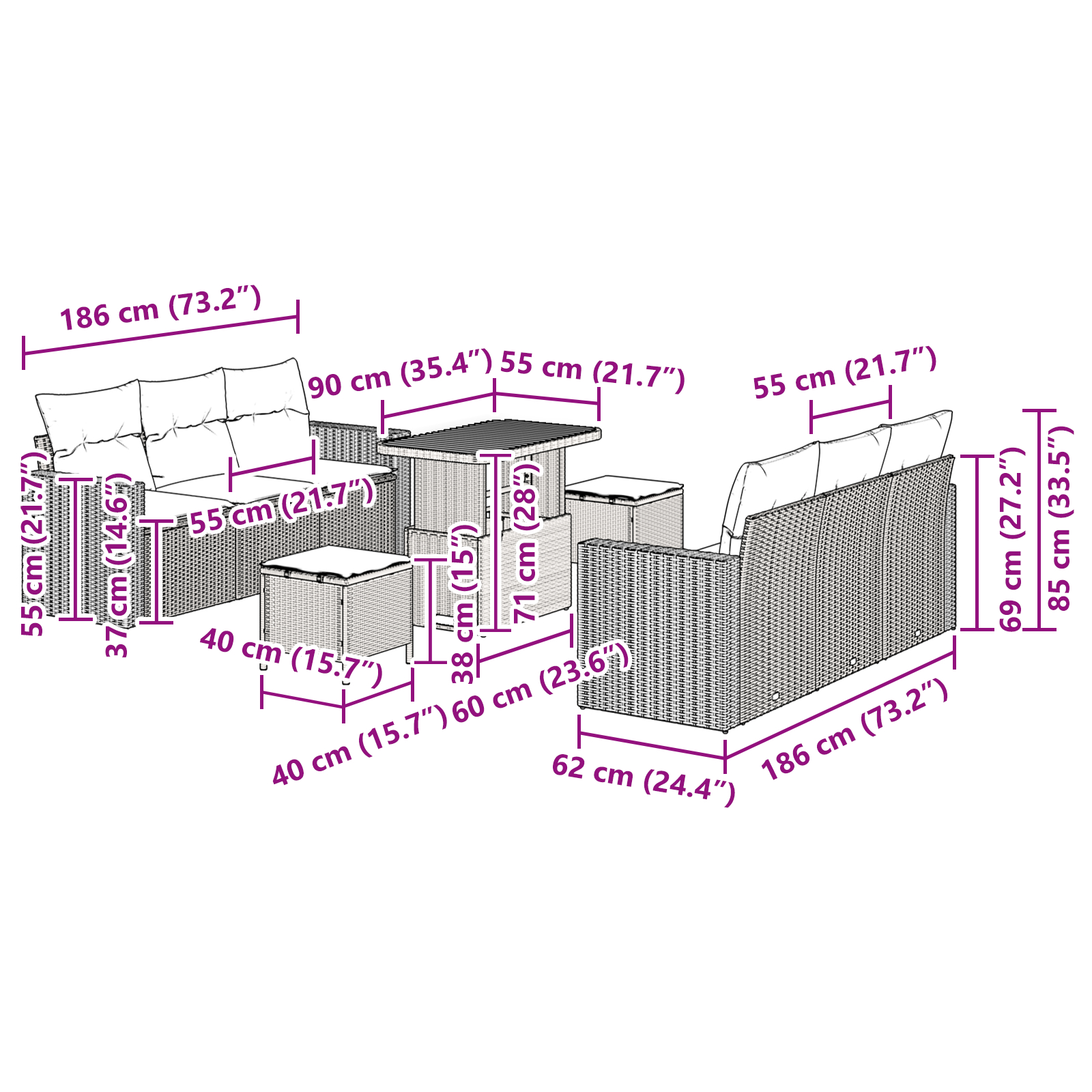 Set de Canapea  cu 9 Piese și Pernă Neagră Rattan Polimeric Acacia, Set de Dining din 3 Piese  cu Pernă Neagră Rattan Polimeric Acacia [8]
