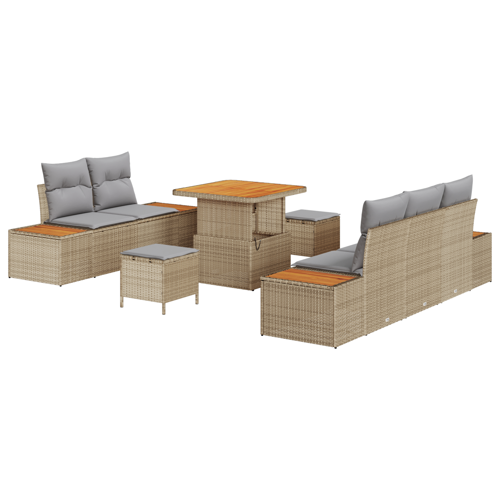 Set de sofa de grădină  8 piese cu perne bej din ratan sintetic acacia, Set de dining de grădină  3 piese cu perne bej din ratan sintetic acacia [1]