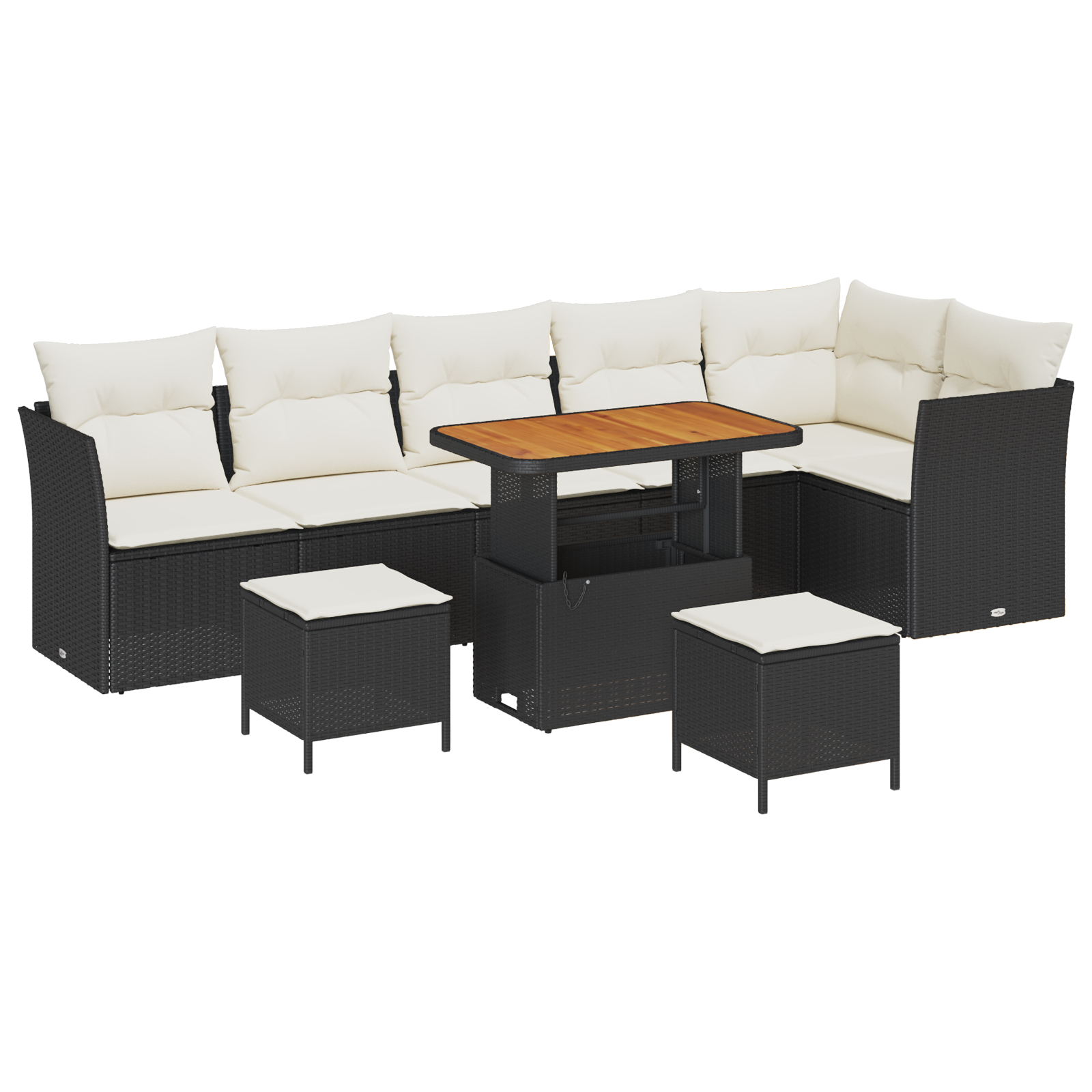 Set de Canapea pentru Grădină  cu 9 Piese cu Perne Negru Ratan Poliester Acacia, Set de Dining pentru Grădină  cu 3 Piese cu Perne Negru Ratan Poliester Acacia [1]