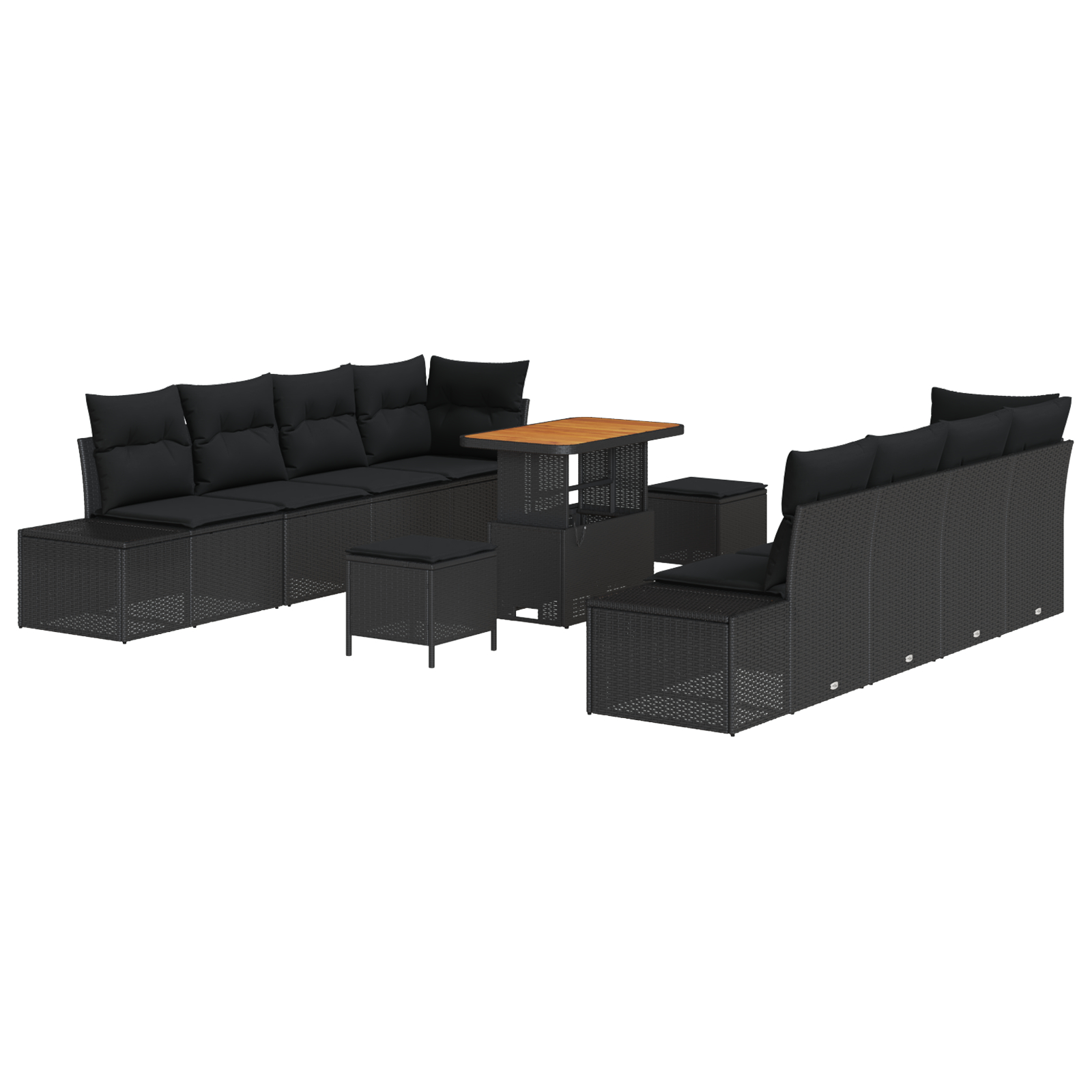 Set de 11 Piese pentru Grădină cu Perne Negru Poliratan Acacia,  Sofa pentru Grădină cu 2 Locuri cu Depozitare & Perne Negru Poliratan,  Set de Dining pentru Grădină cu 3 Piese cu Perne Negru Polirata [1]