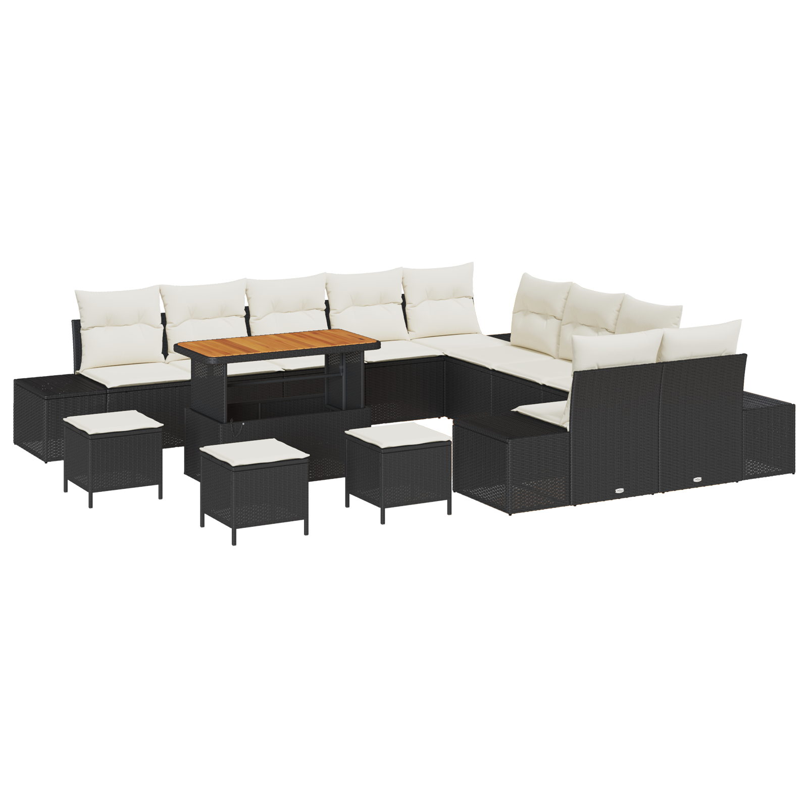 Set de canapele vieXL de 14 piese cu perne Negru Poliratan Acacia, Canapea de grădină vieXL cu 2 locuri cu perne Negru Poliratan, Set de dining pentru grădină vieXL de 4 piese cu perne Negru Poliratan [1]