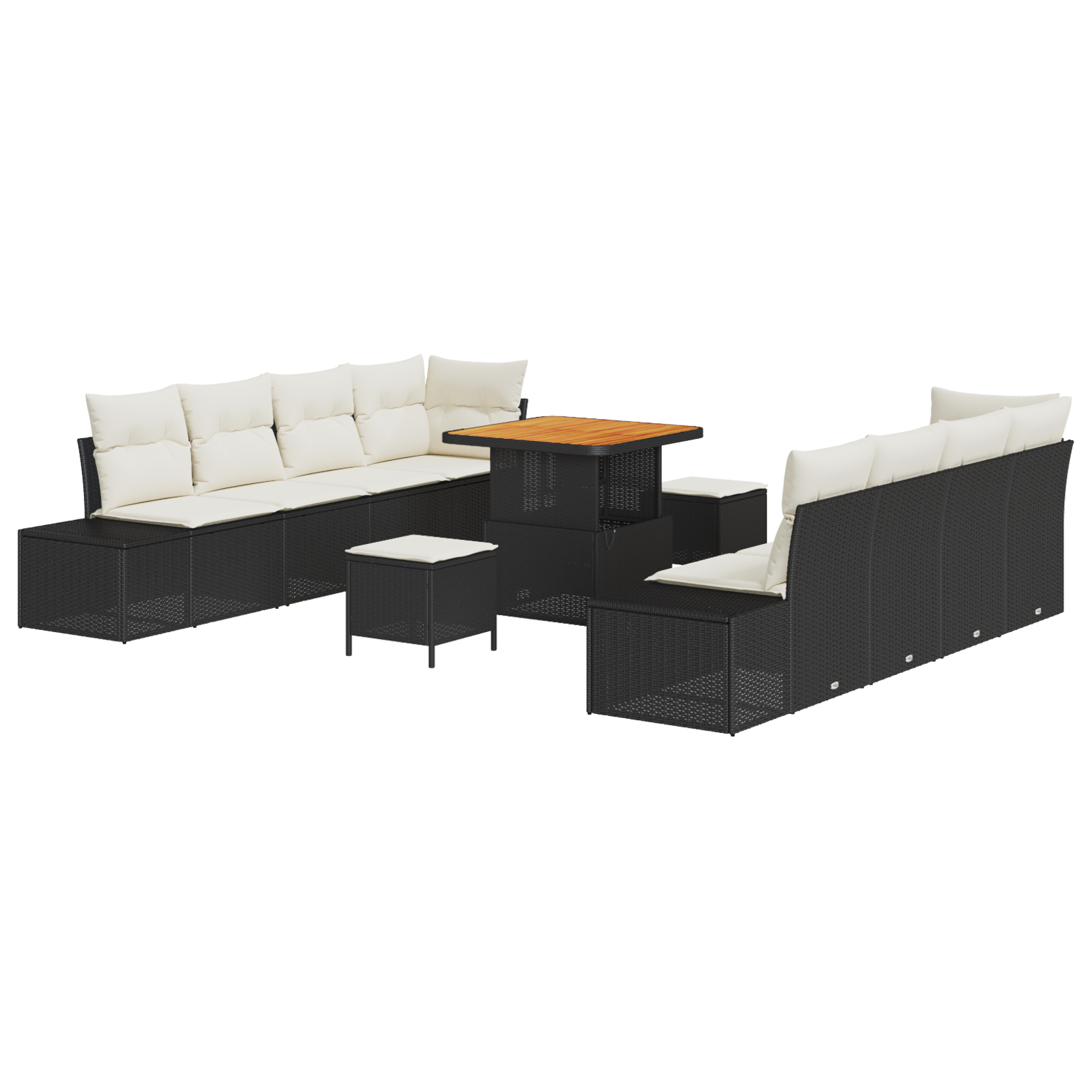 Set de Sofa de Grădină cu 11 Piese cu Perne Negre Poliratan Acacia,  Sofa de Grădină cu 2 Locuri cu Spațiu de Depozitare & Perne Negre Poliratan,  Set de Dining pentru Grădină cu 3 Piese cu Perne Negr [1]