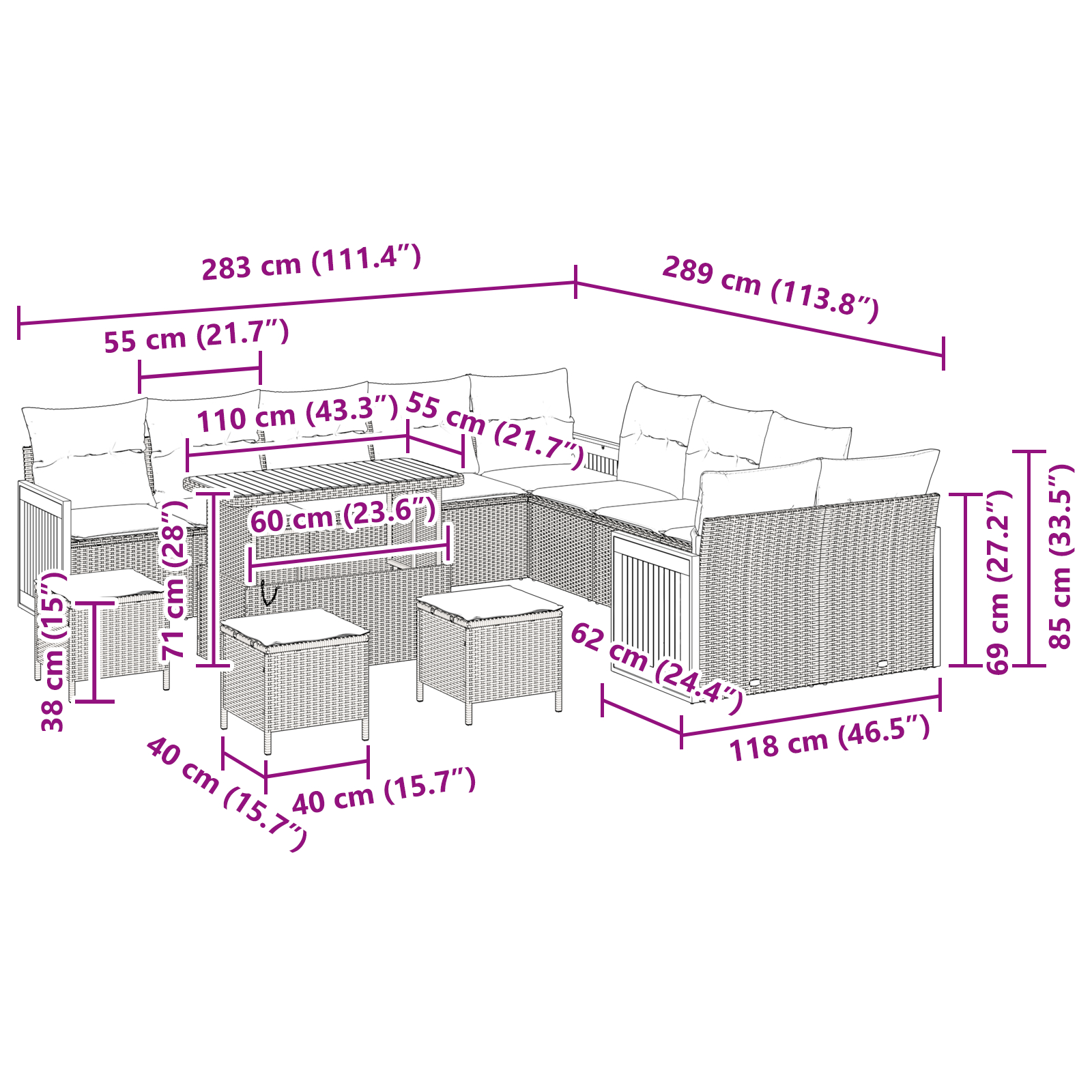 Set de sofa de grădină  14 piese cu perne negre din poliratan de acacia, Sofa de grădină  cu 2 locuri și perne negre din poliratan, Set de dining jardin 4 piese cu perne negre din poliratan de acacia [8]