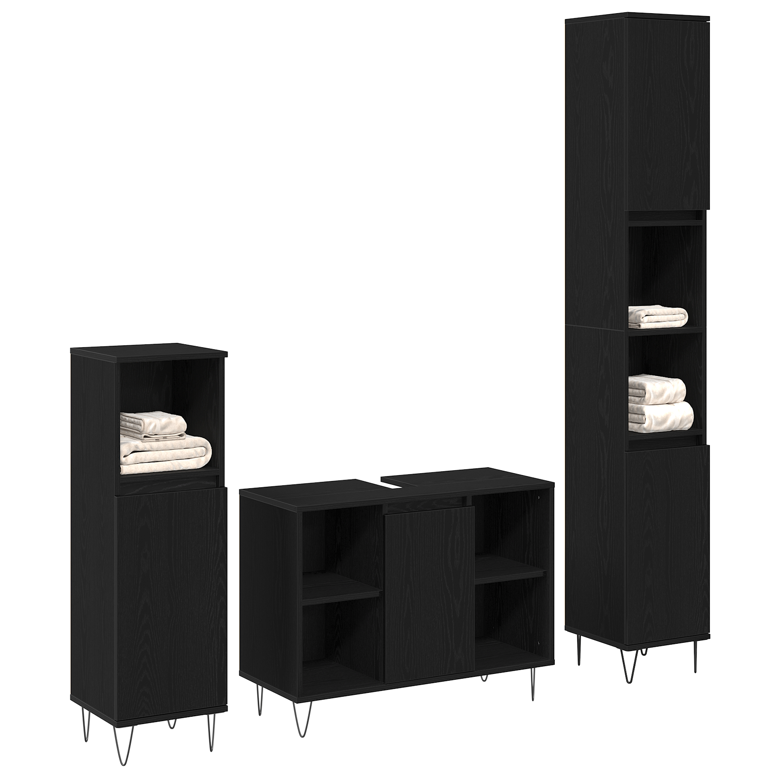 Set Mobilier Baie  3 piese Stejar Negru Lemn Prelucrat, Dulap Baie  Stejar Negru 30x30x190 cm Lemn Prelucrat, Dulap Baie  Stejar Negru 30x30x100 cm Lemn Prelucrat [1]