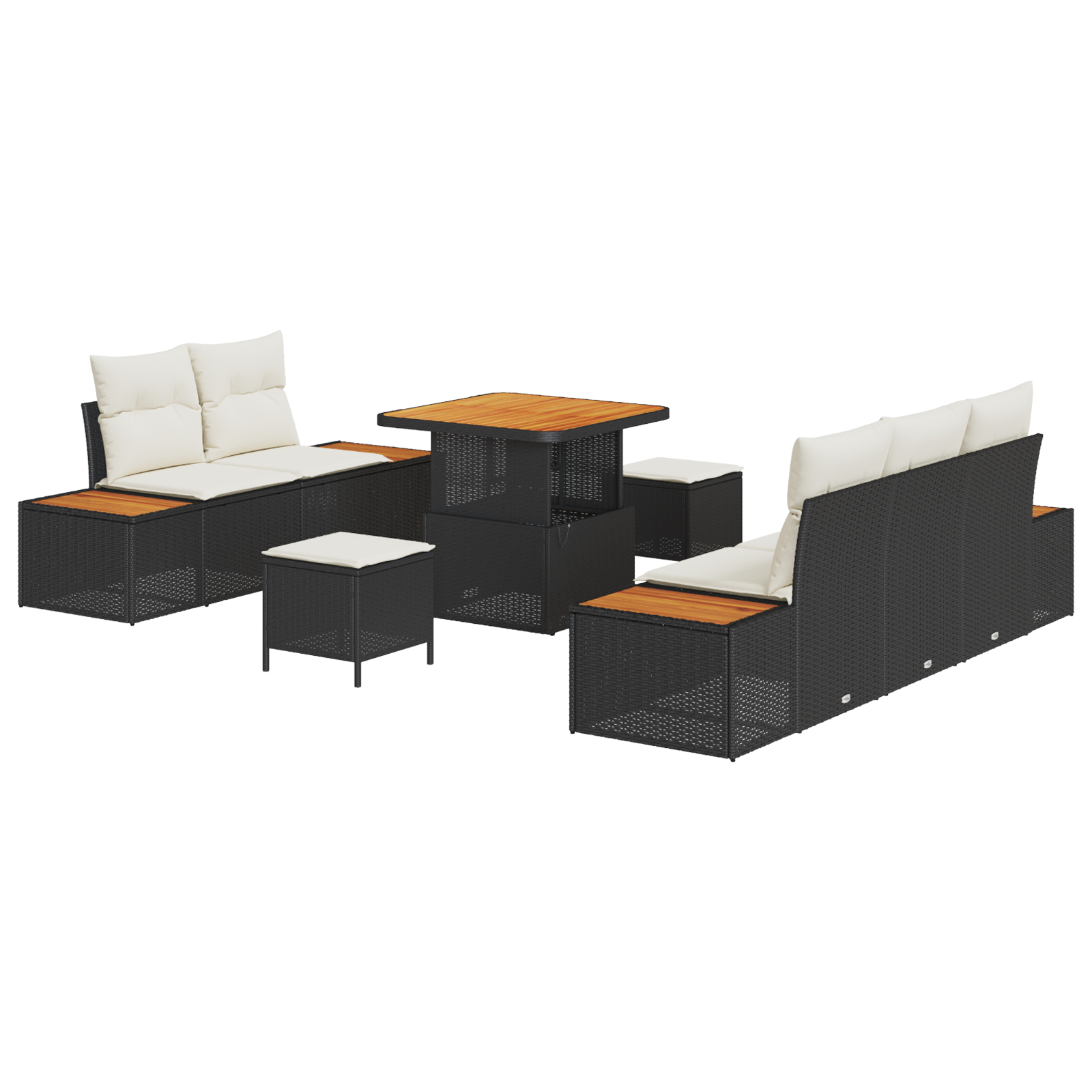 Set de sofa de grădină  cu 8 piese cu perne Negru Ratan polimer Acacia, Set de dining de grădină  cu 3 piese cu perne Negru Ratan polimer Acacia [1]