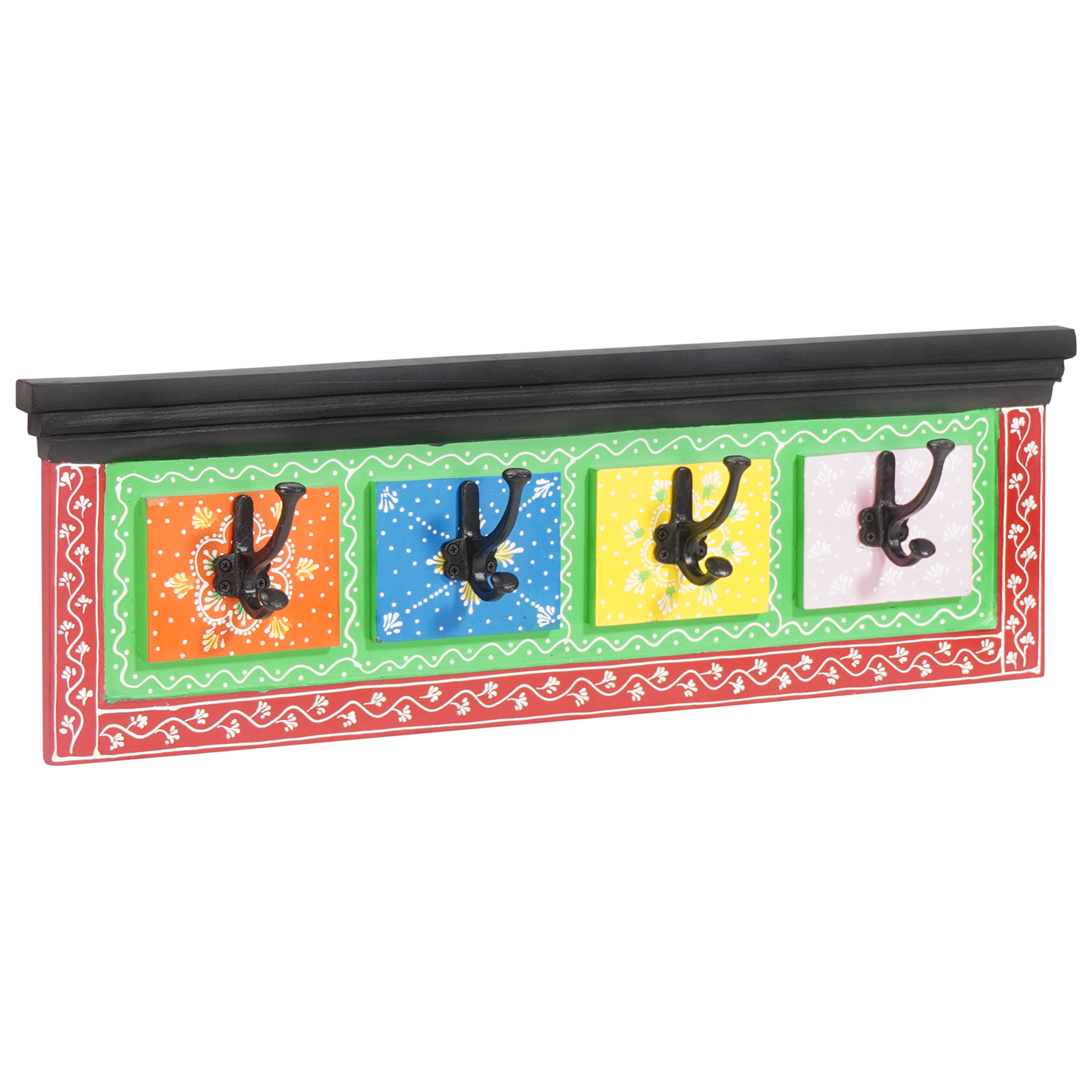 Cuier pe perete cu 4 cârlige 80x25x2 cm din lemn masiv de mango și lemn ingineresc. [4]