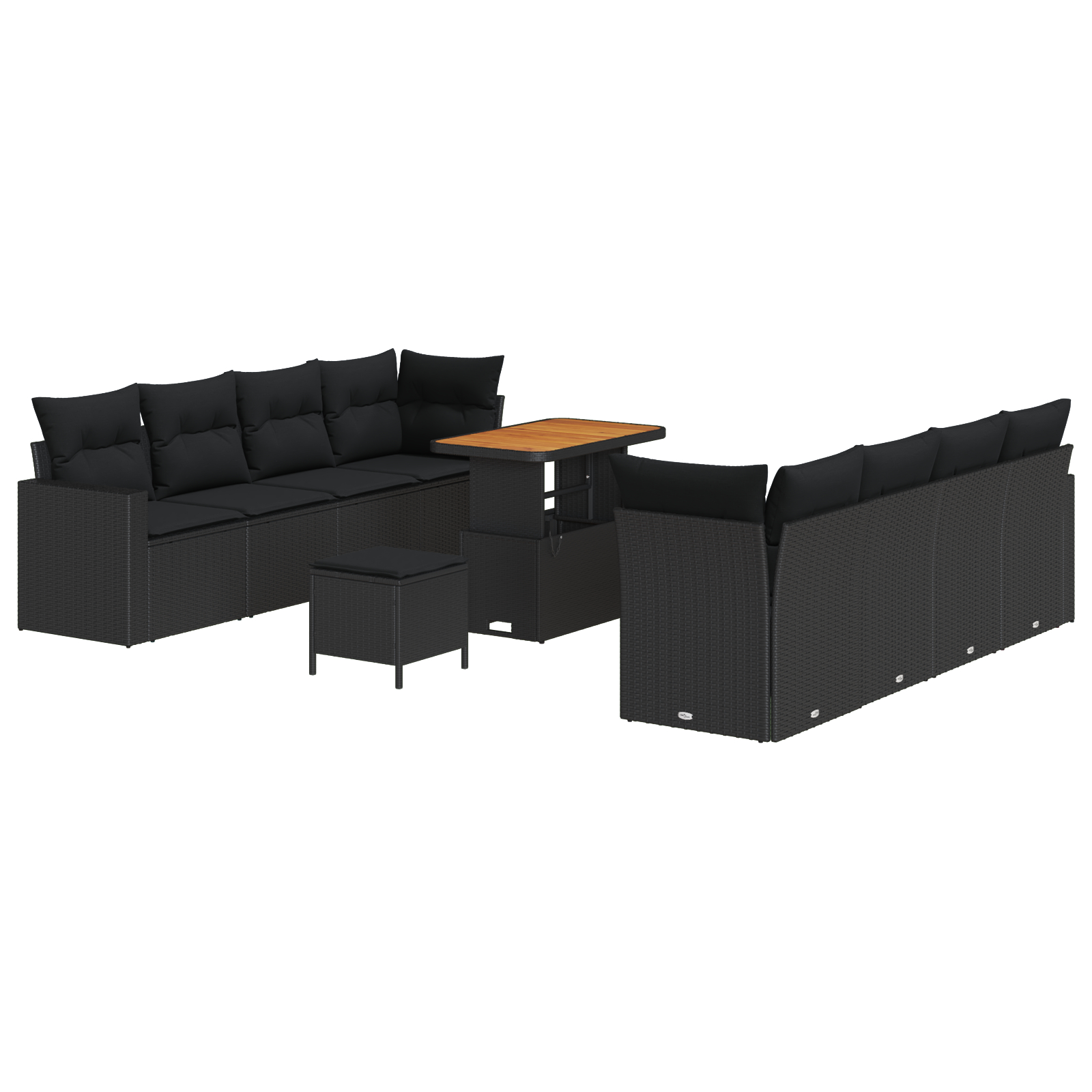 Set de Sofa pentru Grădină  cu 11 Piese cu Perne Negru Poliratan Acacia, Set de Masă pentru Grădină  cu 3 Piese cu Perne Negru Poliratan Acacia [1]