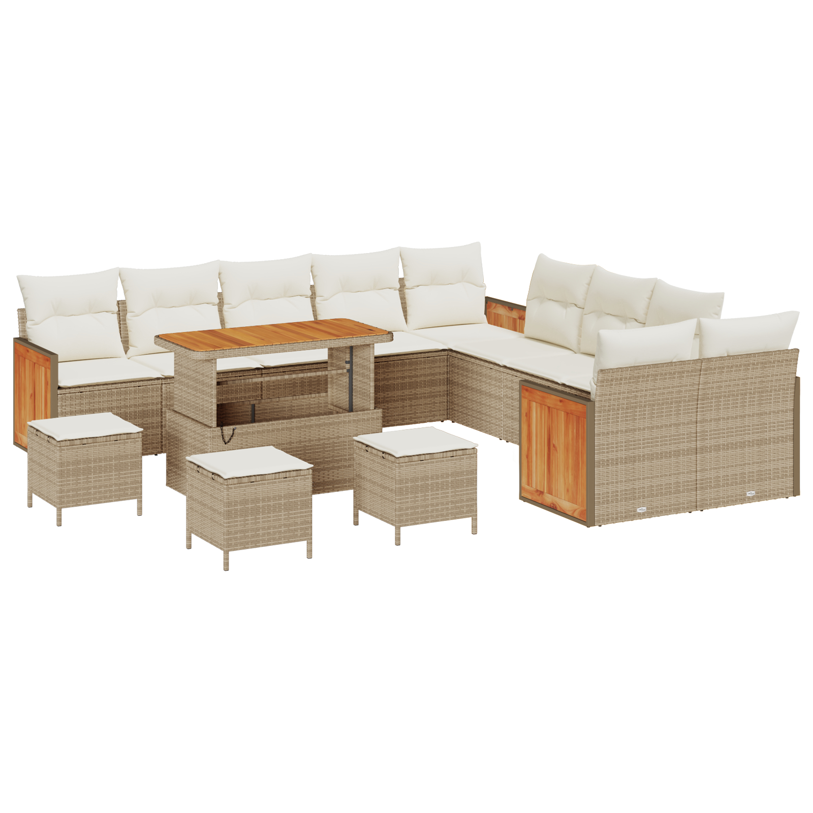 Set de Sofa de Grădină 14 Piese cu Perne Bej Poliratan Acacia,  Sofa de Grădină cu 2 Locuri cu Perne Bej Poliratan,  Set de Dining pentru Grădină 4 Piese cu Perne Bej Poliratan Acacia [1]