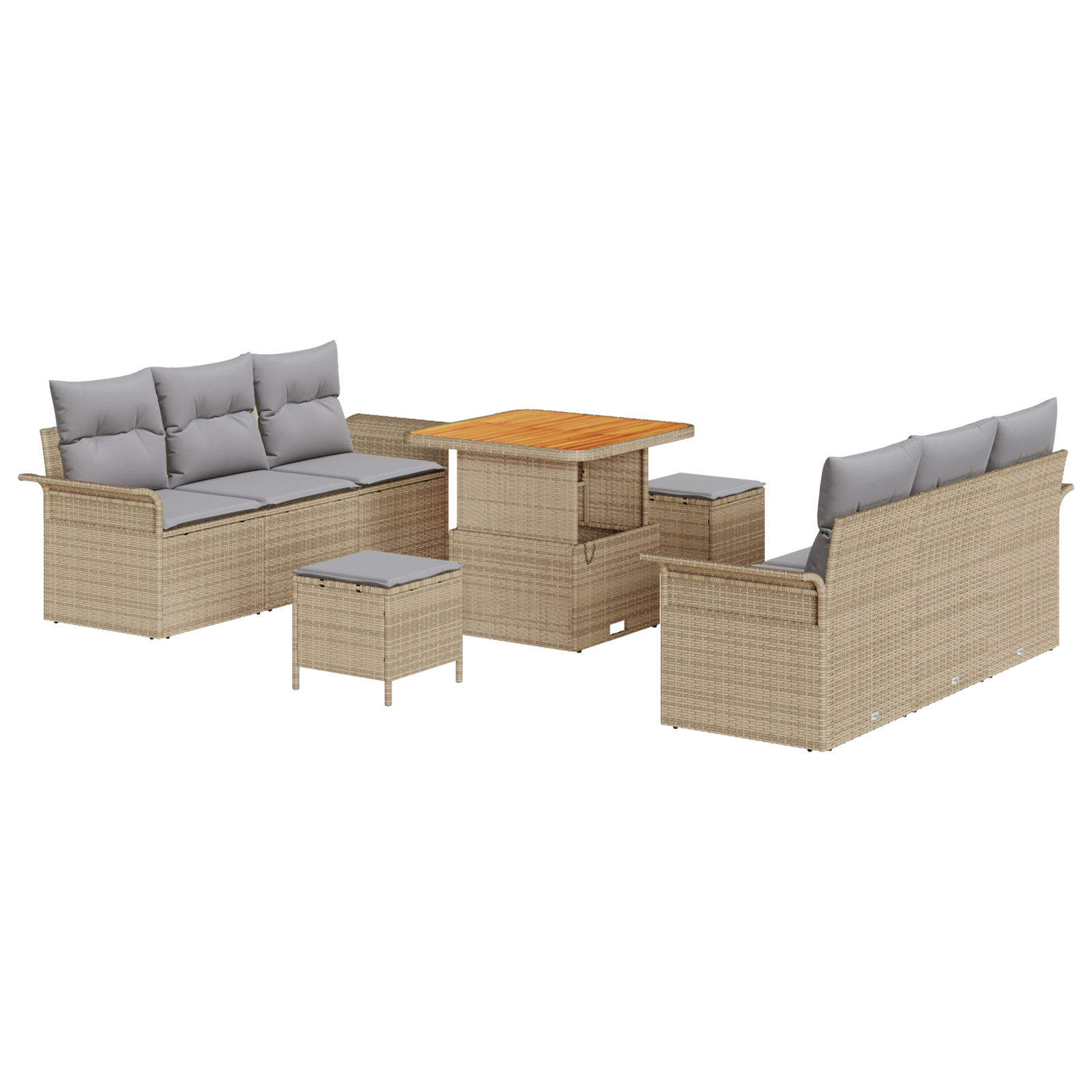 Set de 9 Piese de Sofa pentru Grădină cu Pernițe Bej Rattan Poli Acacia, Sofa pentru Grădină cu 2 Locuri cu Pernițe Bej Rattan Poli, Set de Masă pentru Grădină din 3 Piese cu Pernițe Bej Rattan Poli A [1]