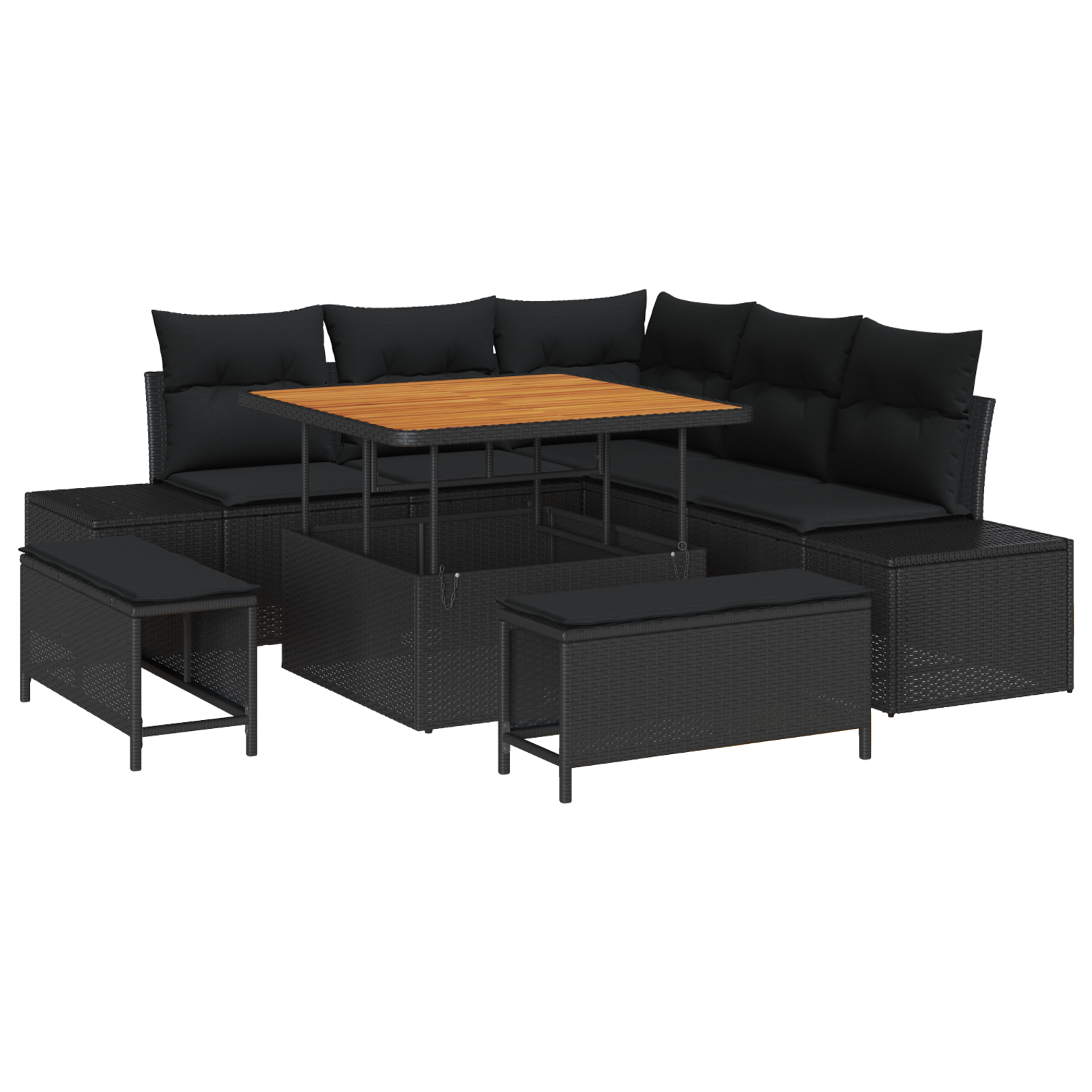 Set de 8 piese pentru grădină cu perne Negru Poliratan Acacia, Sofa de grădină cu 2 locuri și depozit & perne Negru Poliratan, Set de dining pentru grădină cu 3 piese și perne Negru Poliratan Acacia [1]