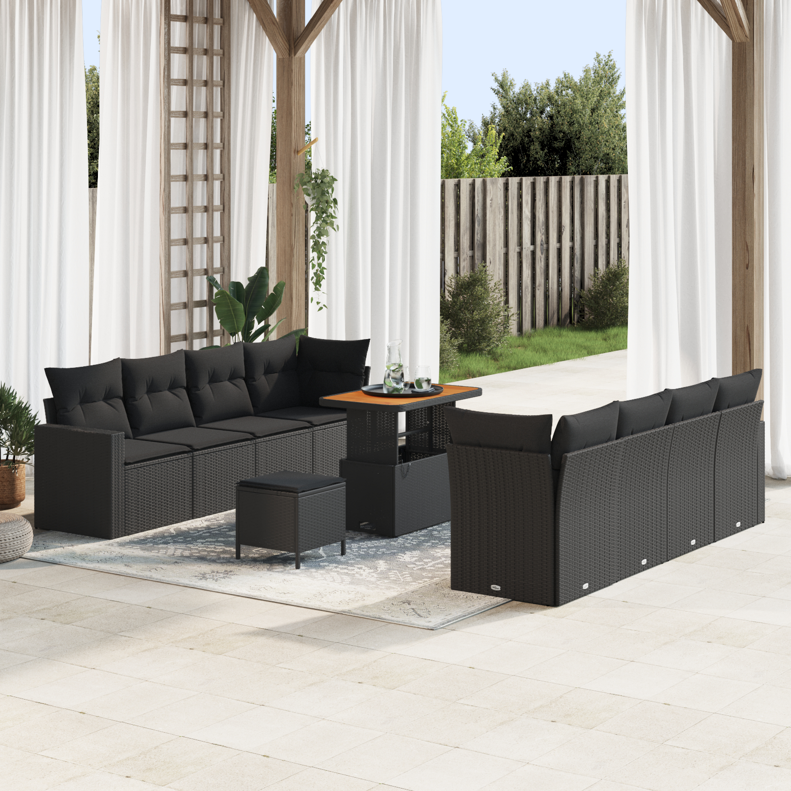 Canapele de exterior - Set de Sofa pentru Grădină  cu 11 Piese cu Perne Negru Poliratan Acacia, Set de Masă pentru Grădină  cu 3 Piese cu Perne Negru Poliratan Acacia
