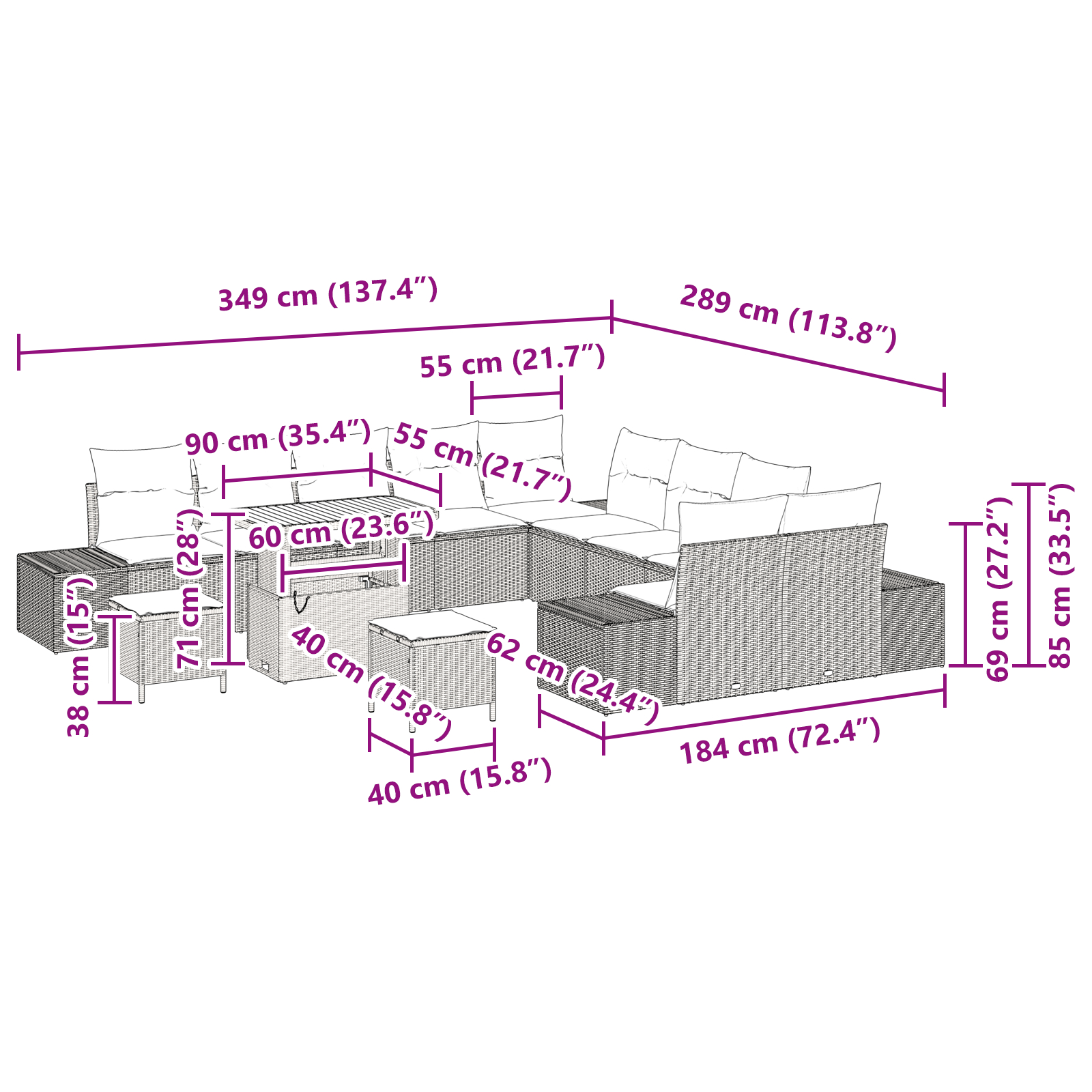 Set canapea pentru grădină  cu 13 piese și perne gri ratan poli acacia, Canapea pentru grădină  cu 2 locuri și perne gri ratan poli, Set de dining pentru grădină  cu 3 piese și perne gri ratan poli ac [8]