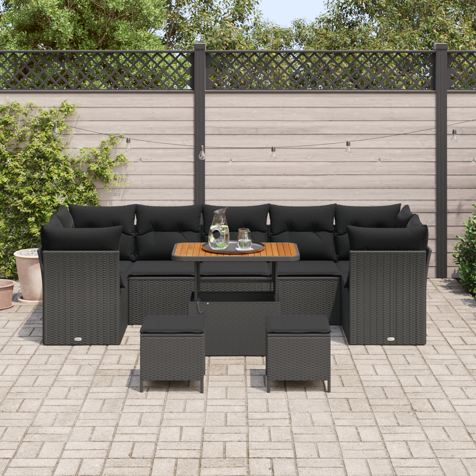 Set de sofa de grădină  cu 10 piese și perne Negru Poliratan Acacia, Set de dining pentru grădină  cu 3 piese și perne Negru Poliratan Acacia [2]