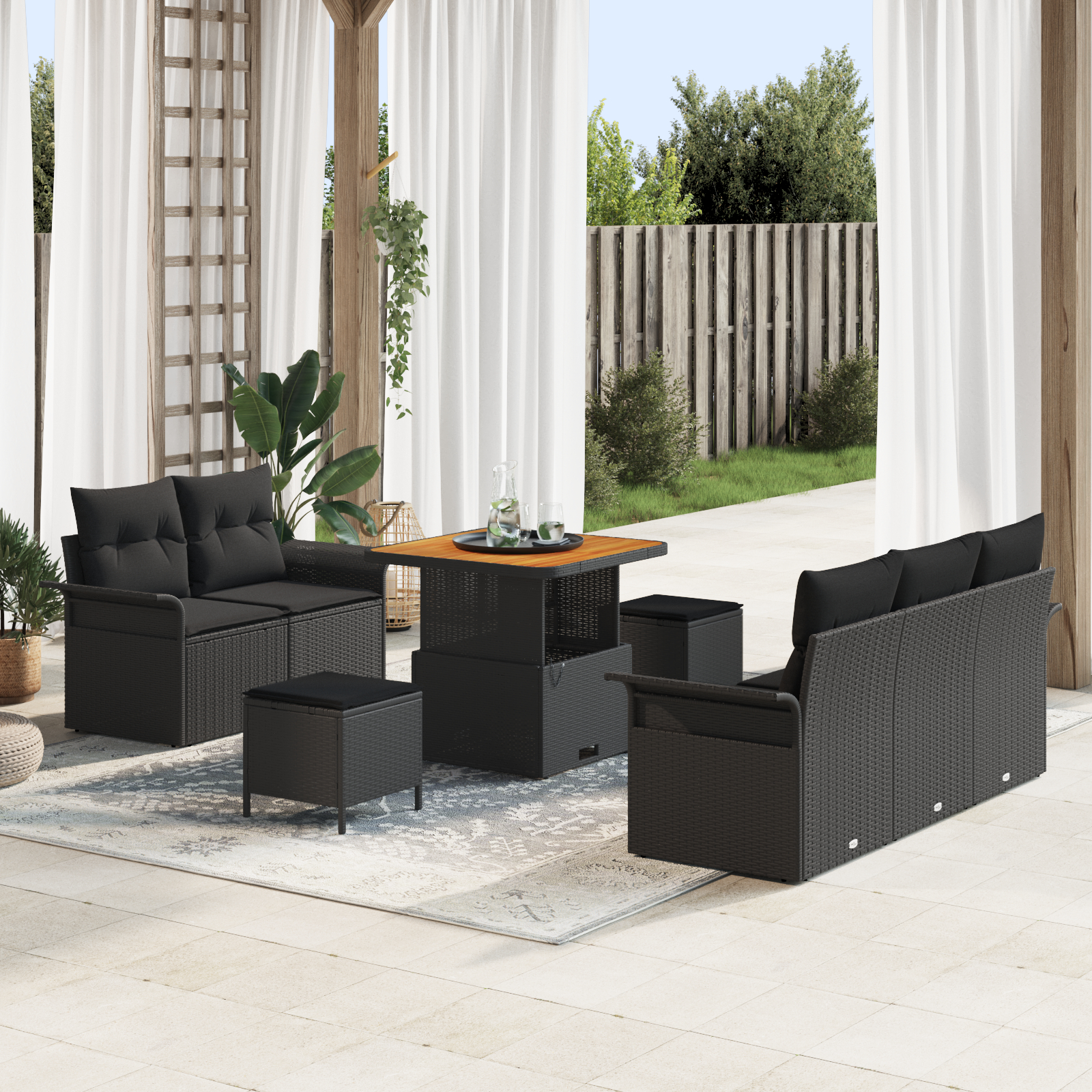 Canapele de exterior - Set de sofe de grădină  cu 8 piese și perne Negru Rattan Poliester Acacia, Sofa de grădină  cu 2 locuri și perne Negru Rattan Poliester, Set de dining de grădină  cu 3 piese și perne Negru Rattan Poli