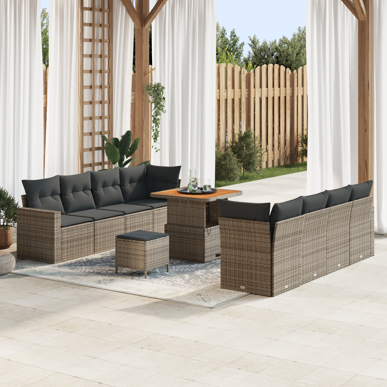 Canapele de exterior - Set de Sofa de Grădină  11 Piese cu Perne Gri Ratan Polimeric Acacia, Set de Dining de Grădină  3 Piese cu Perne Gri Ratan Polimeric Acacia