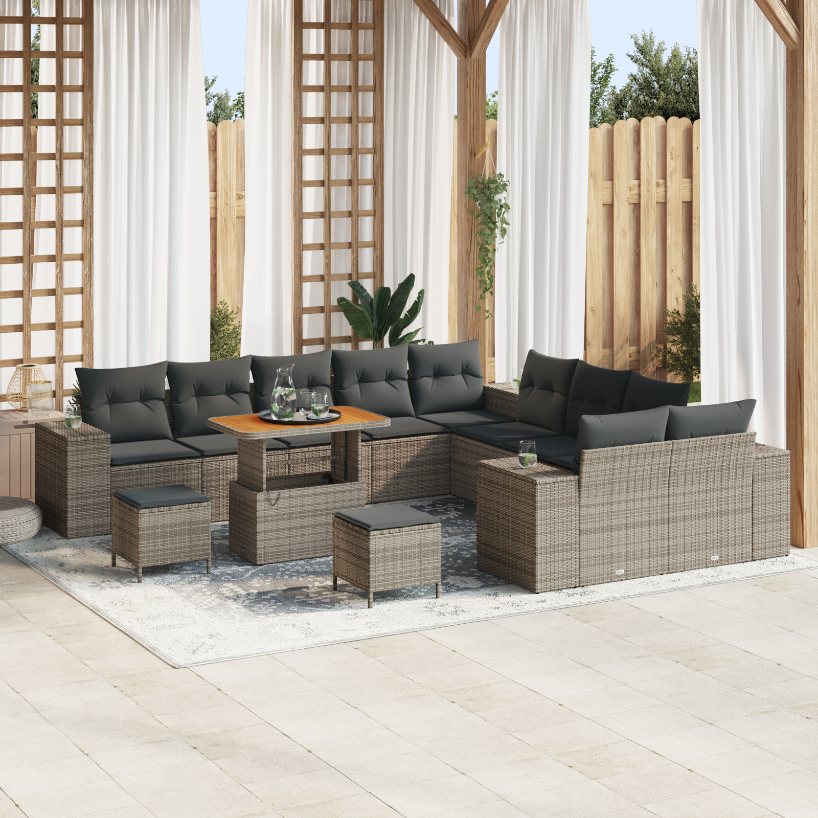 Canapele de exterior - Set de Sofa de Grădină  13 Piese cu Perne Gri Ratan Polimeric Acacia, Set de Dining Grădină  3 Piese cu Perne Gri Ratan Polimeric Acacia