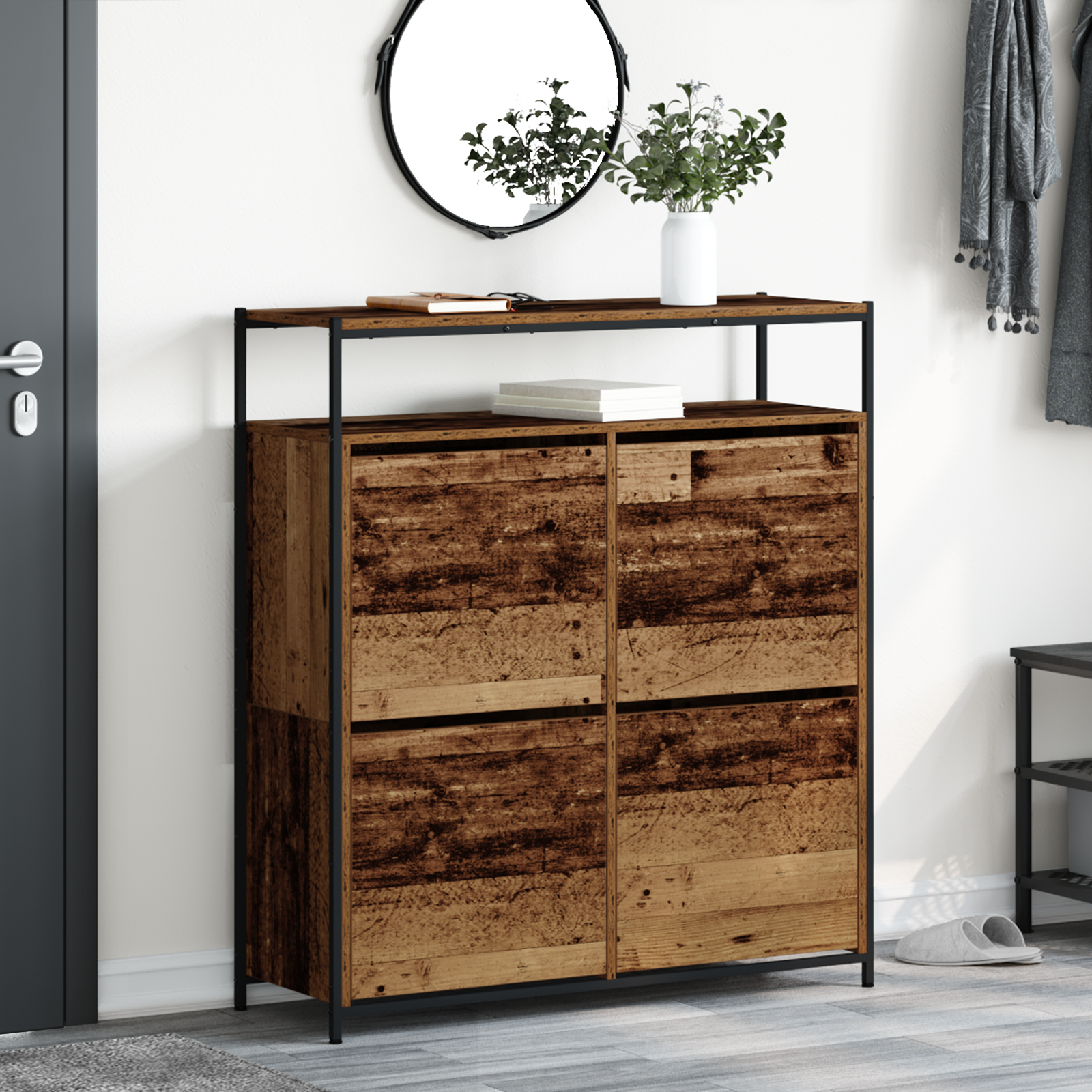 Soluții de depozitare și organizare - Cabinet pantofi cu 4 sertare pliante Lemn vechi 100x34x112 cm