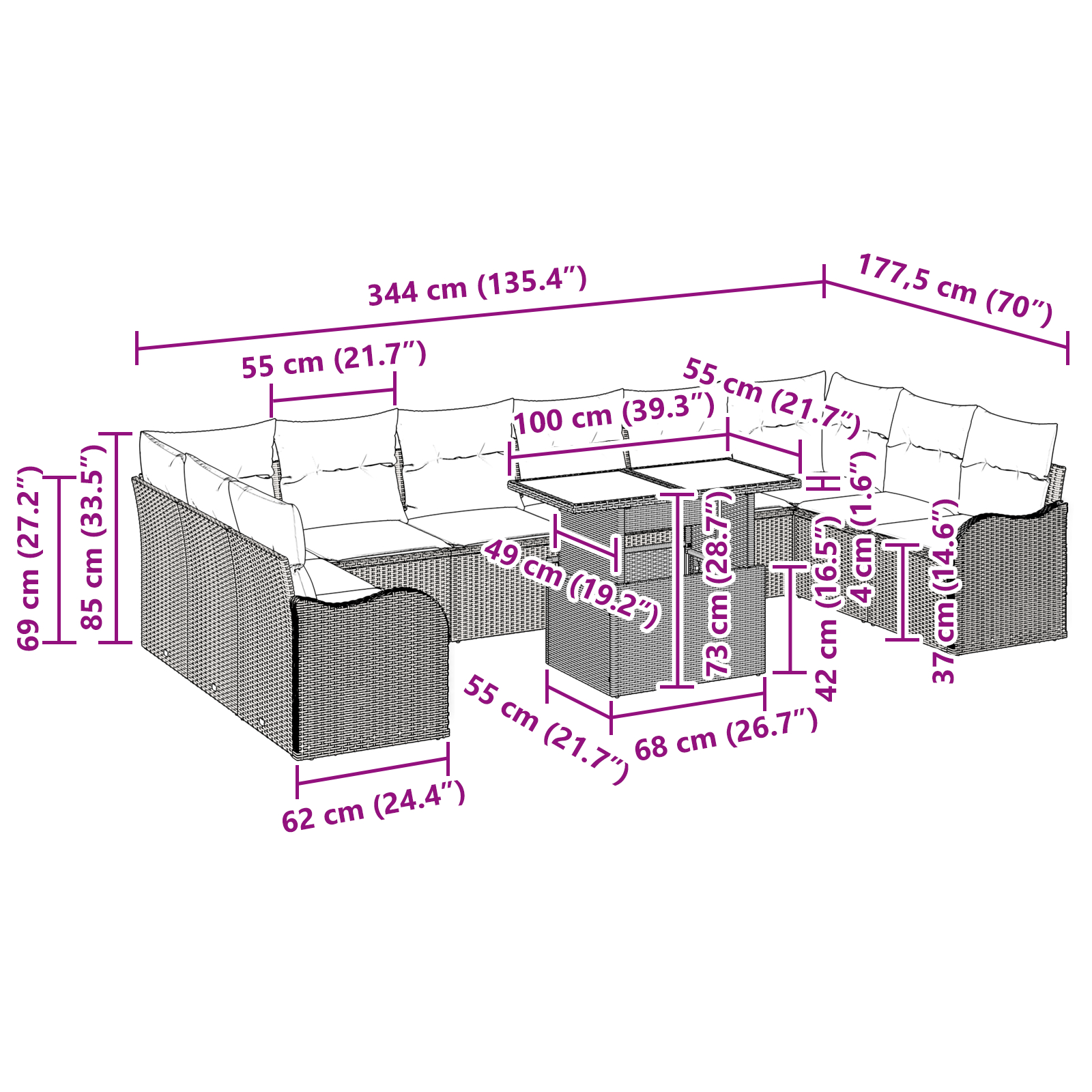 Set de Canapea Grădină  11 Piese cu Perne Gri Deschis Poli Ratan, Canapea Grădină  2-Locuri cu Perne Gri Deschis Poli Ratan [10]