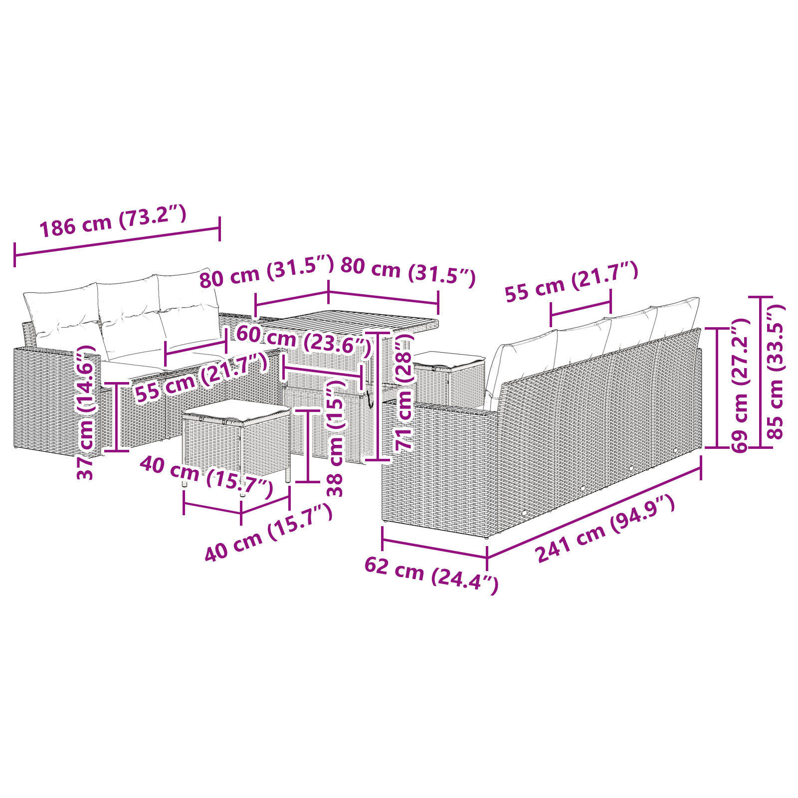 Set canapea grădină  de 10 piese cu perne gri din poliratan, Set de dining grădină  de 3 piese cu perne gri din poliratan [8]