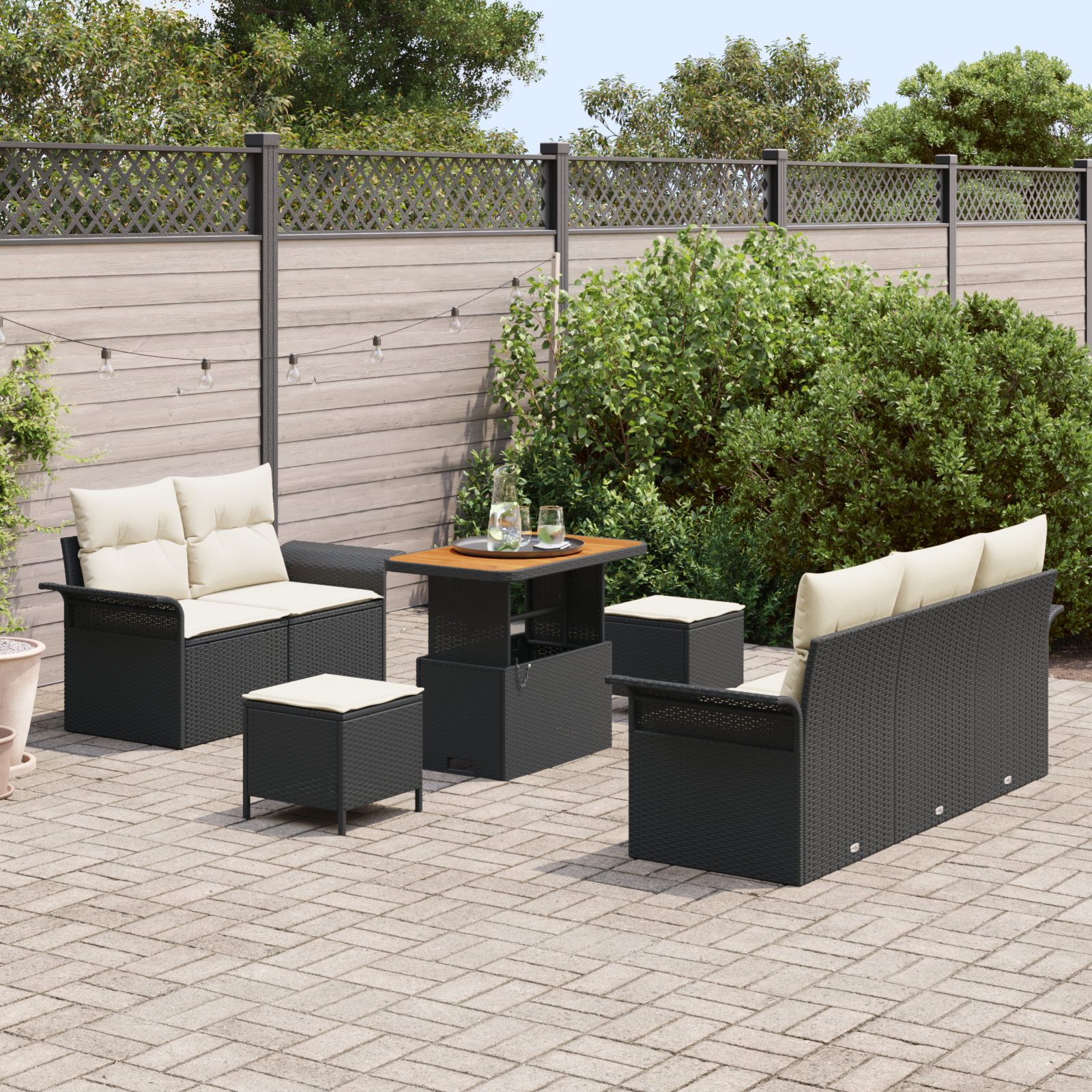 Set de Canapea pentru Grădină  cu Perne Negre din Rattan Poli Acacia, Canapea de Grădină  cu 2 Locuri și Perne Negre din Rattan Poli, Set de Masă pentru Grădină  cu 3 Piese și Perne Negre din Rattan P [2]