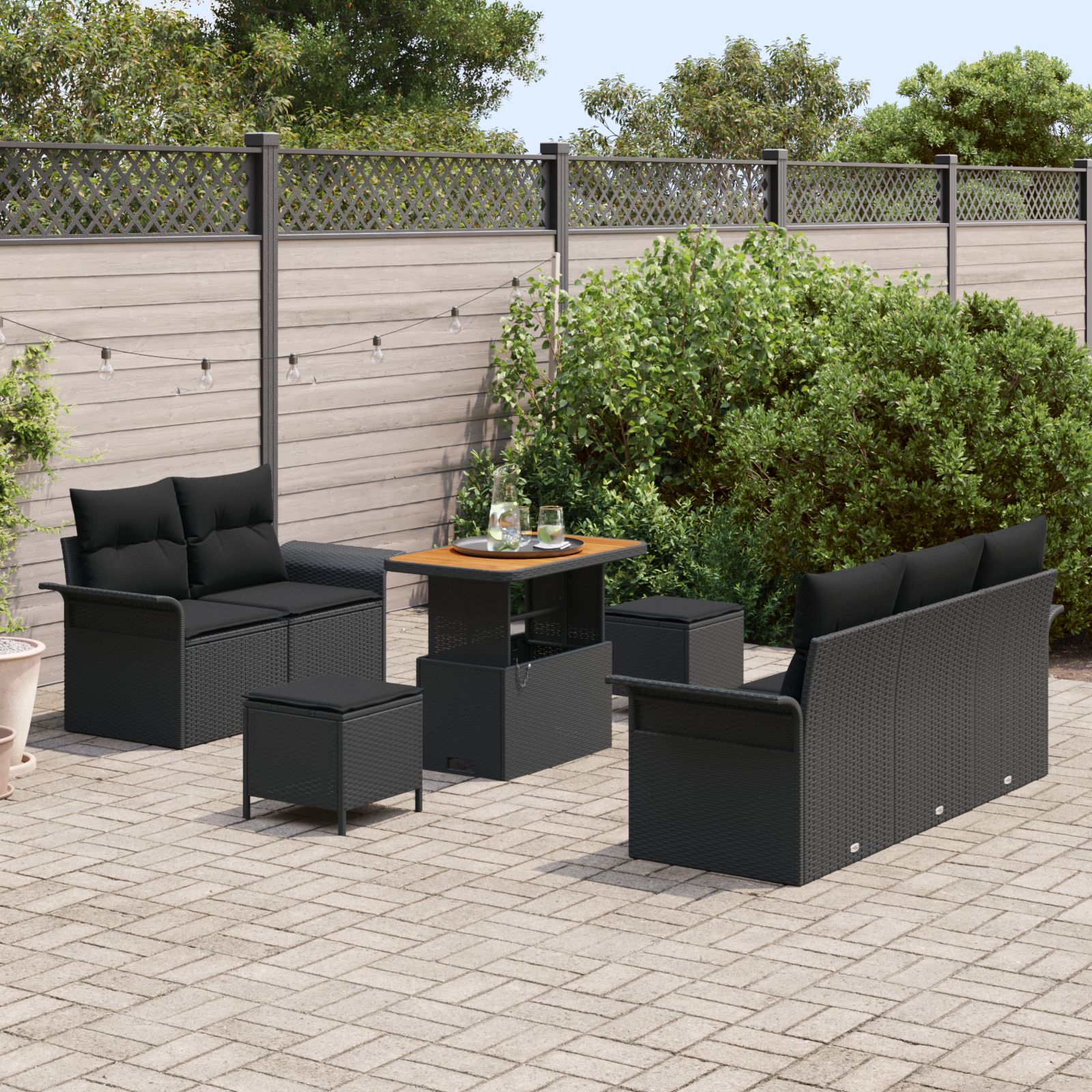 Set de sofa de grădină  8 piese cu perne Negru Poliratan Acacia, Sofa de grădină  pentru 2 persoane cu perne Negru Poliratan, Set de cină de grădină  3 piese cu perne Negru Poliratan Acacia [2]