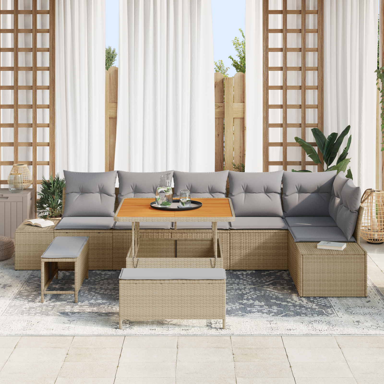 Set sofa grădină  cu perne Bej Ratan Poli Acacia, Sofa grădină  2 locuri cu stocare & perne Bej Ratan Poli, Set dining grădină 3 piese cu perne Bej Ratan Poli Acacia [2]