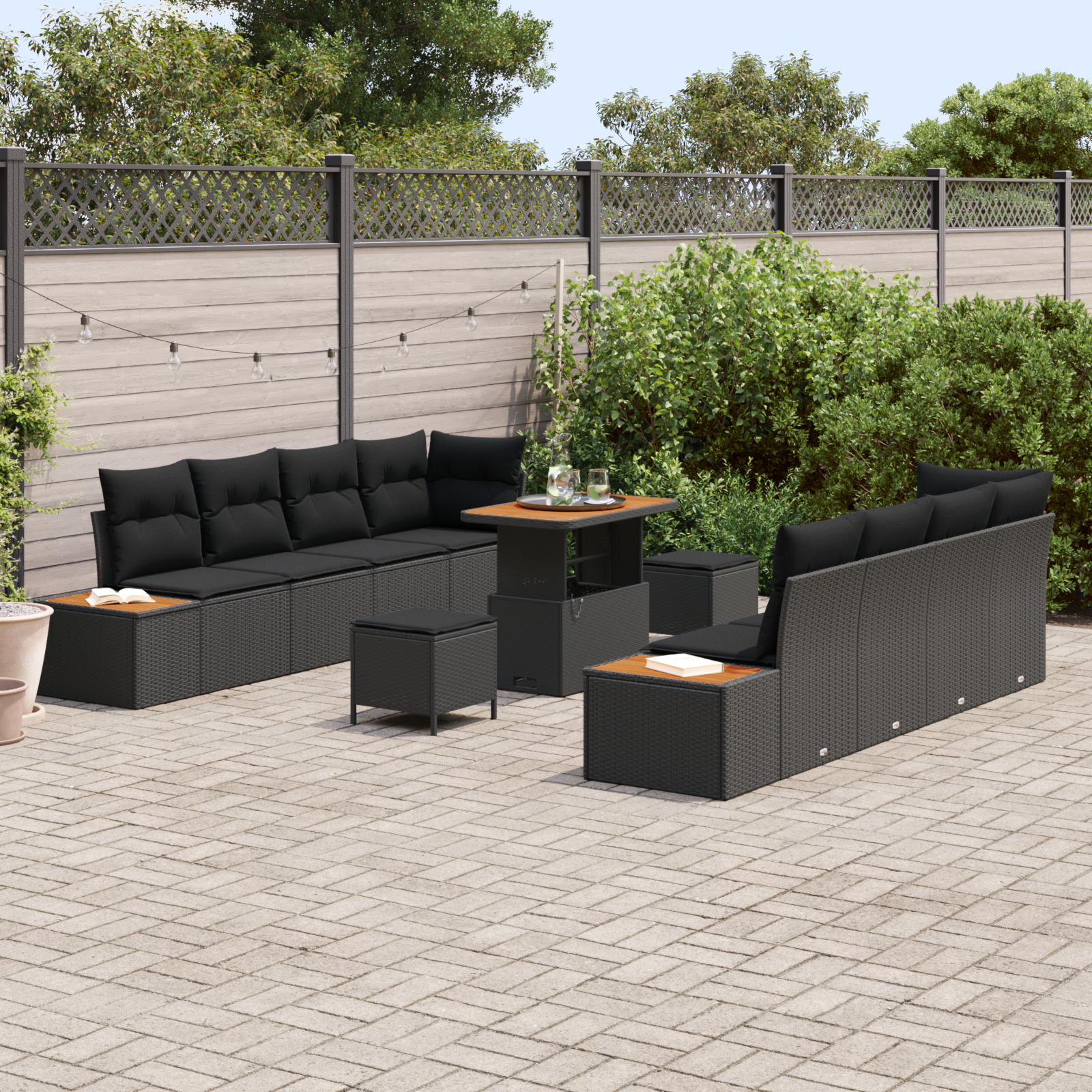 Set de Sofa pentru Grădină cu 11 Piese cu Perne Negru Poli Ratan Acacia,  Set de Dining pentru Grădină cu 3 Piese cu Perne Negru Poli Ratan Acacia [2]