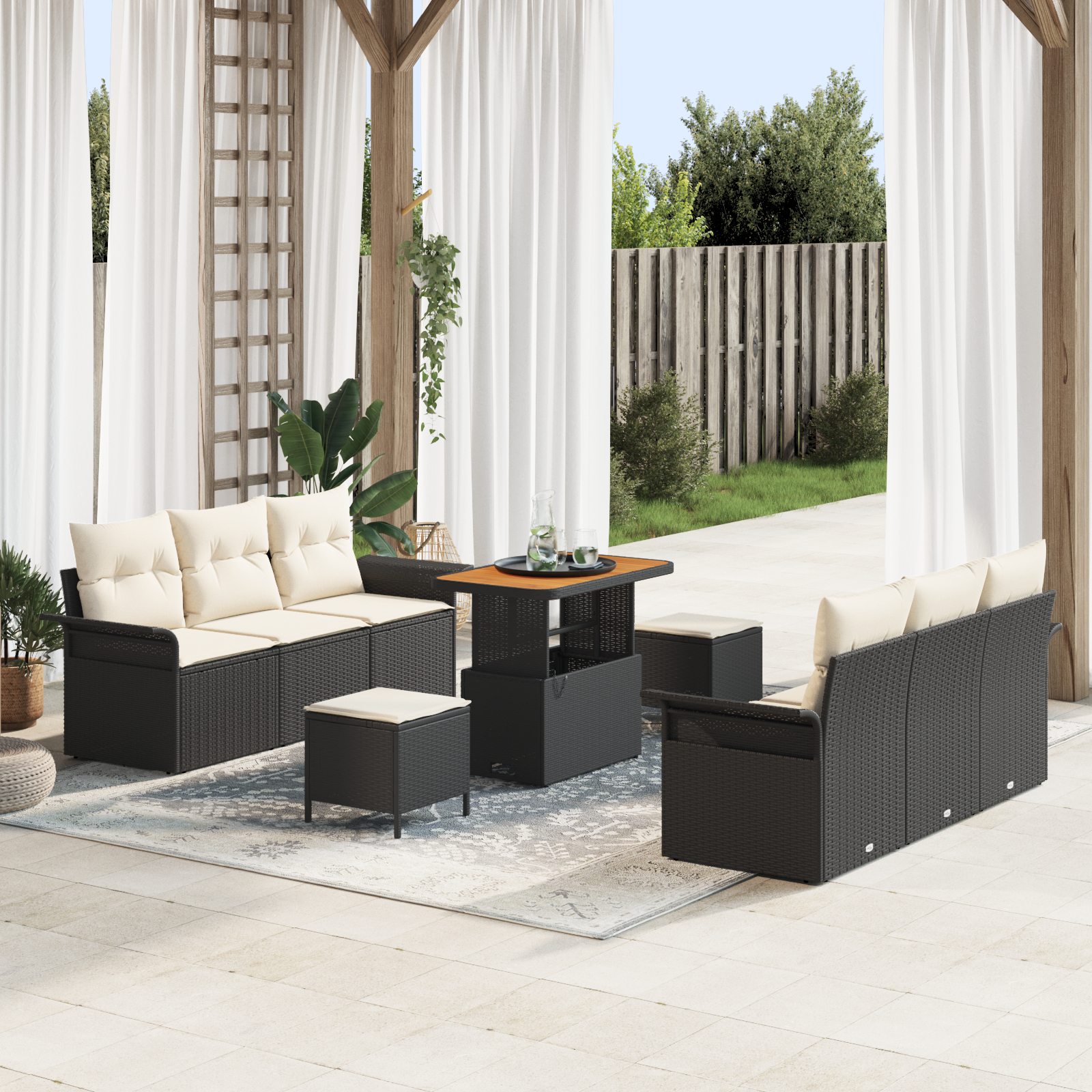 Canapele de exterior - Set de Sofa pentru Grădină  9 Piese cu Perne Ratan Polimer Negru Acacia, Sofa de Grădină  cu 2 Locuri cu Perne Ratan Polimer Negru, Set de Dining Grădină  3 Piese cu Perne Ratan Polimer Negru Acacia