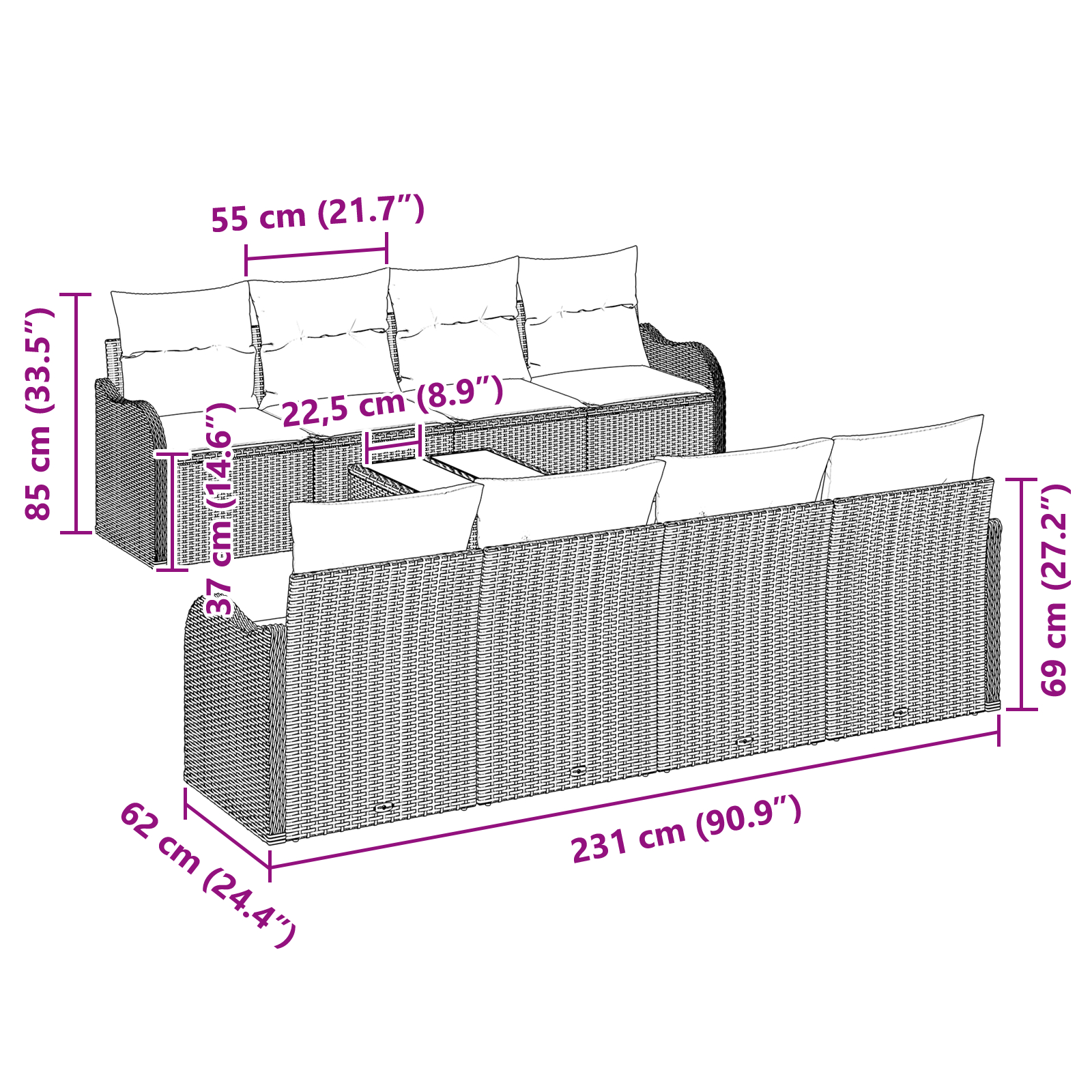 Set canapele grădină  9 Piese cu Perne Bej Ratan Poli, Canapea grădină  2-Persoane cu Perne Bej Ratan Poli [7]