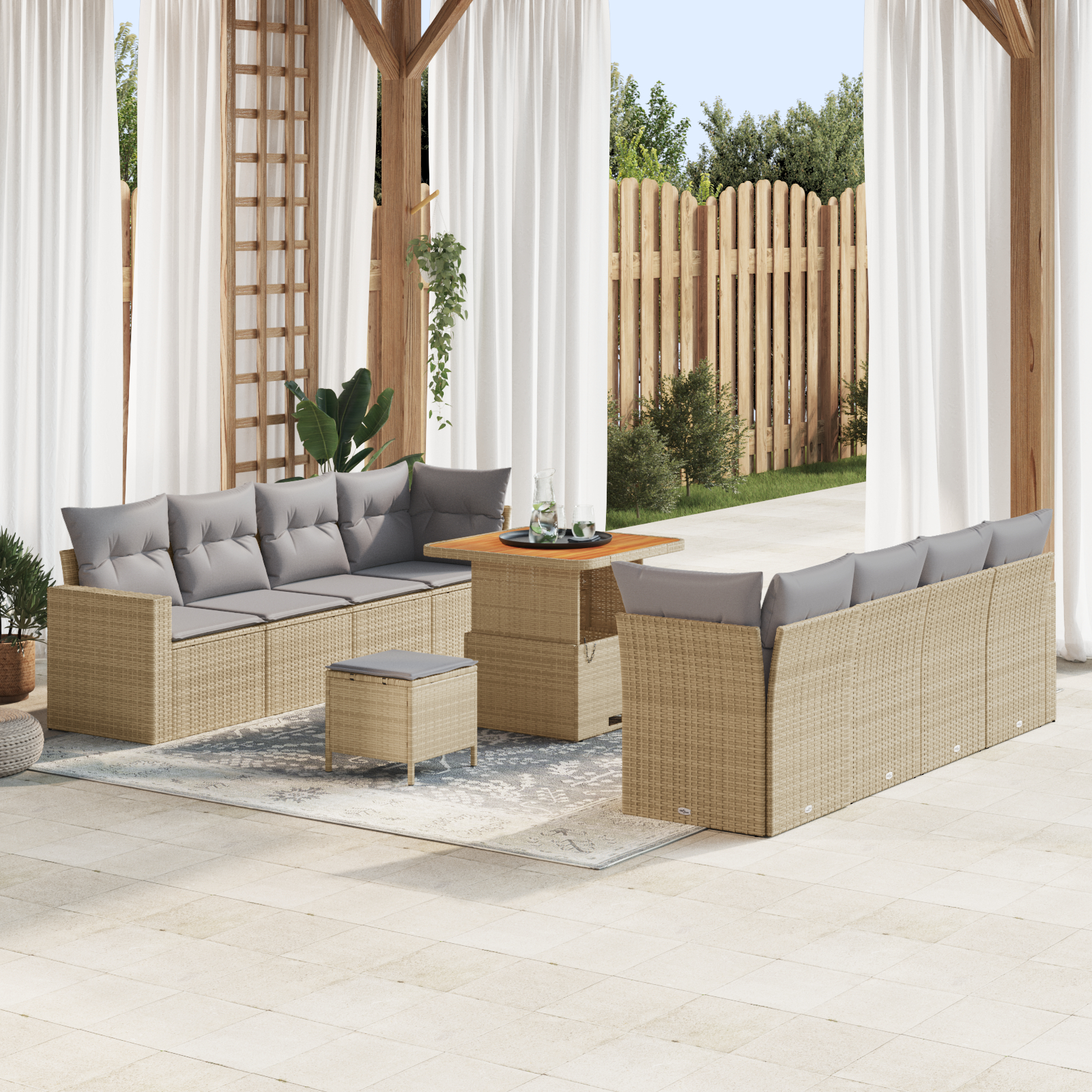 Canapele de exterior - Set de Sofa de Grădină  cu 11 Piese și Perne Bej Ratan Poli Acacia, Set de Dining pentru Grădină  cu 3 Piese și Perne Bej Ratan Poli Acacia