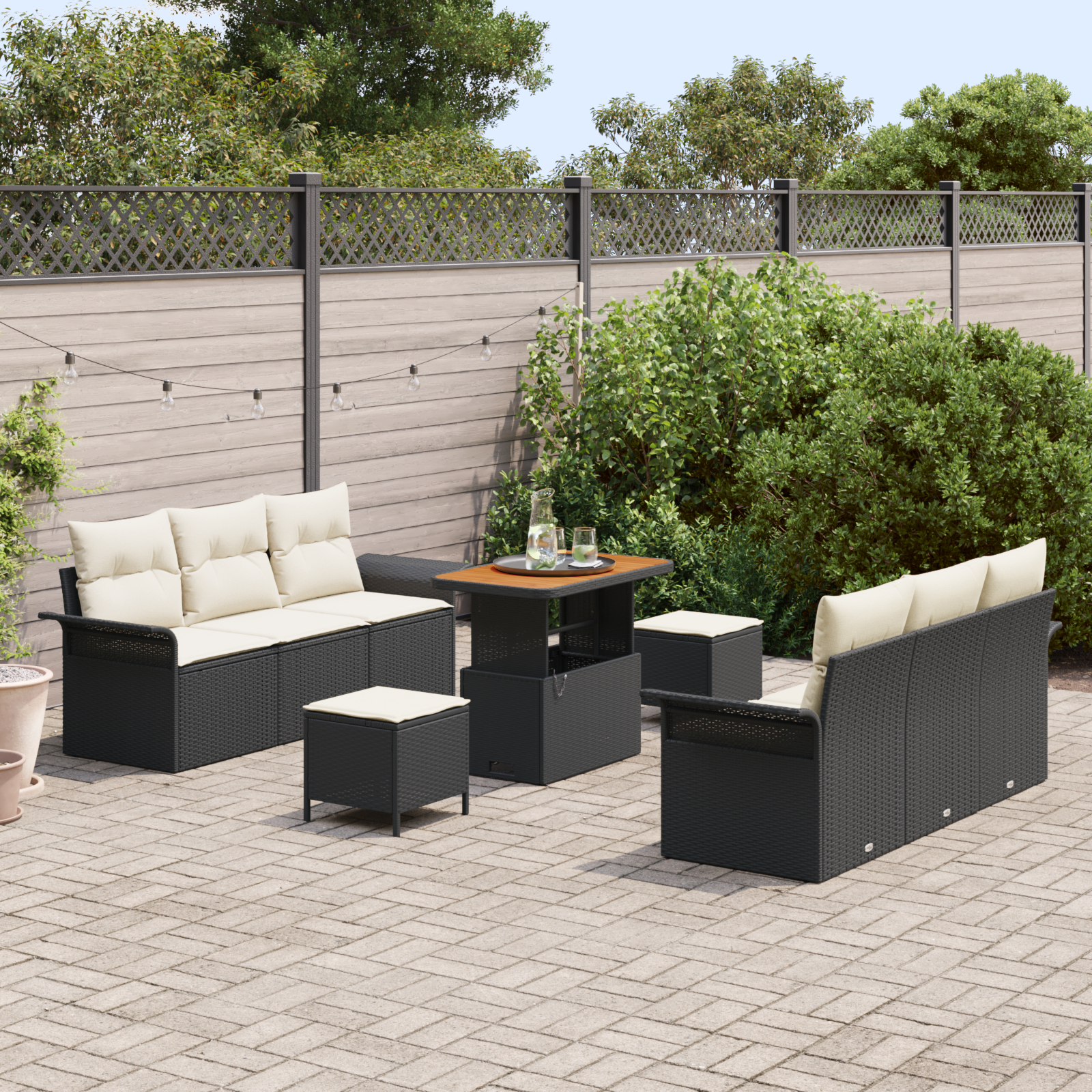 Set de Sofa pentru Grădină  9 Piese cu Perne Ratan Polimer Negru Acacia, Sofa de Grădină  cu 2 Locuri cu Perne Ratan Polimer Negru, Set de Dining Grădină  3 Piese cu Perne Ratan Polimer Negru Acacia [2]