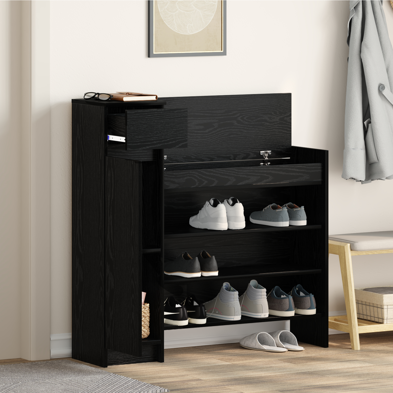 Cabinet pentru Pantofi Stejar Negru 100.5x28x100 cm Lemn prelucrat [3]
