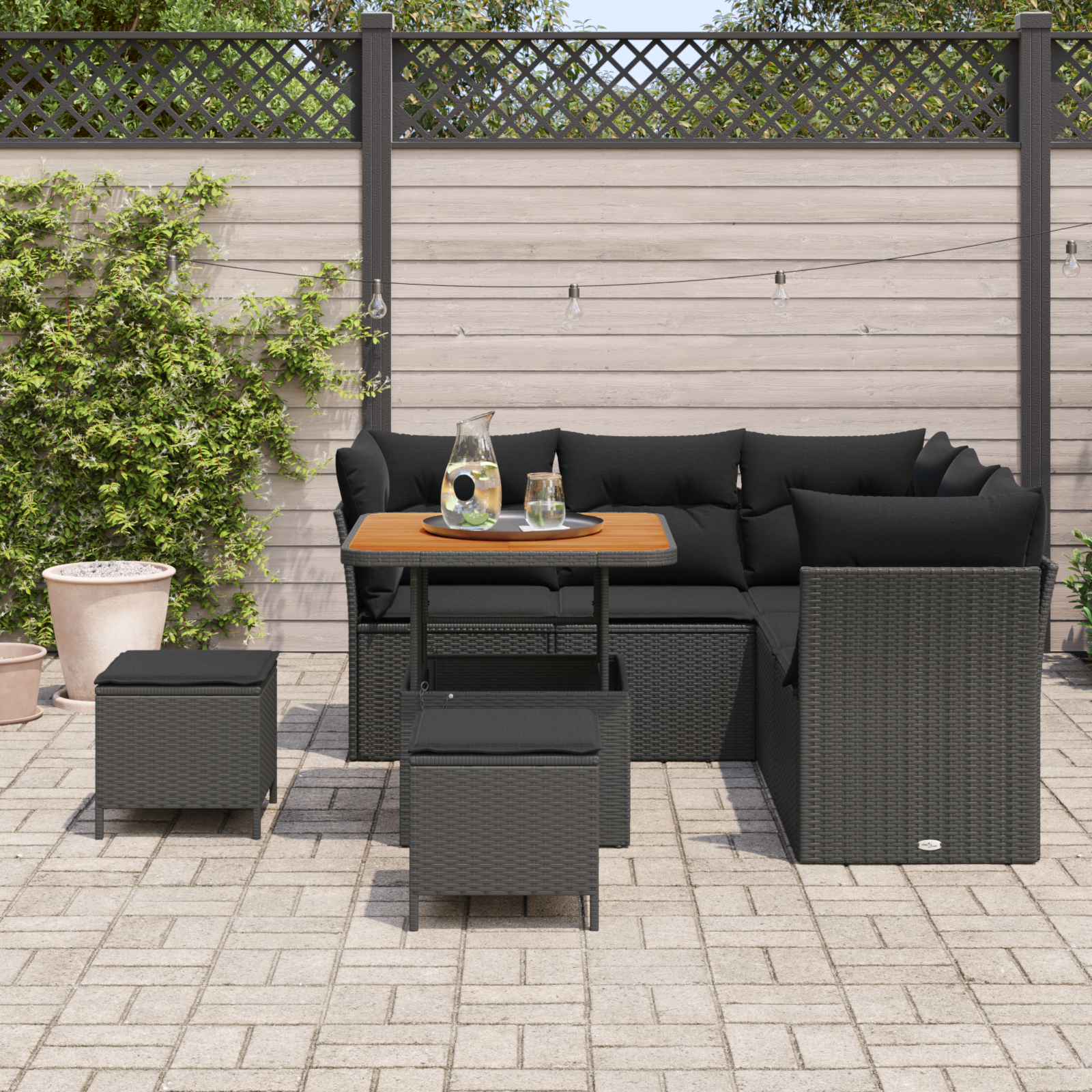 Set de canapea de grădină  8 piese cu perne Negru Poli rattan Acacia, Set de dining de grădină  3 piese cu perne Negru Poli rattan Acacia [2]