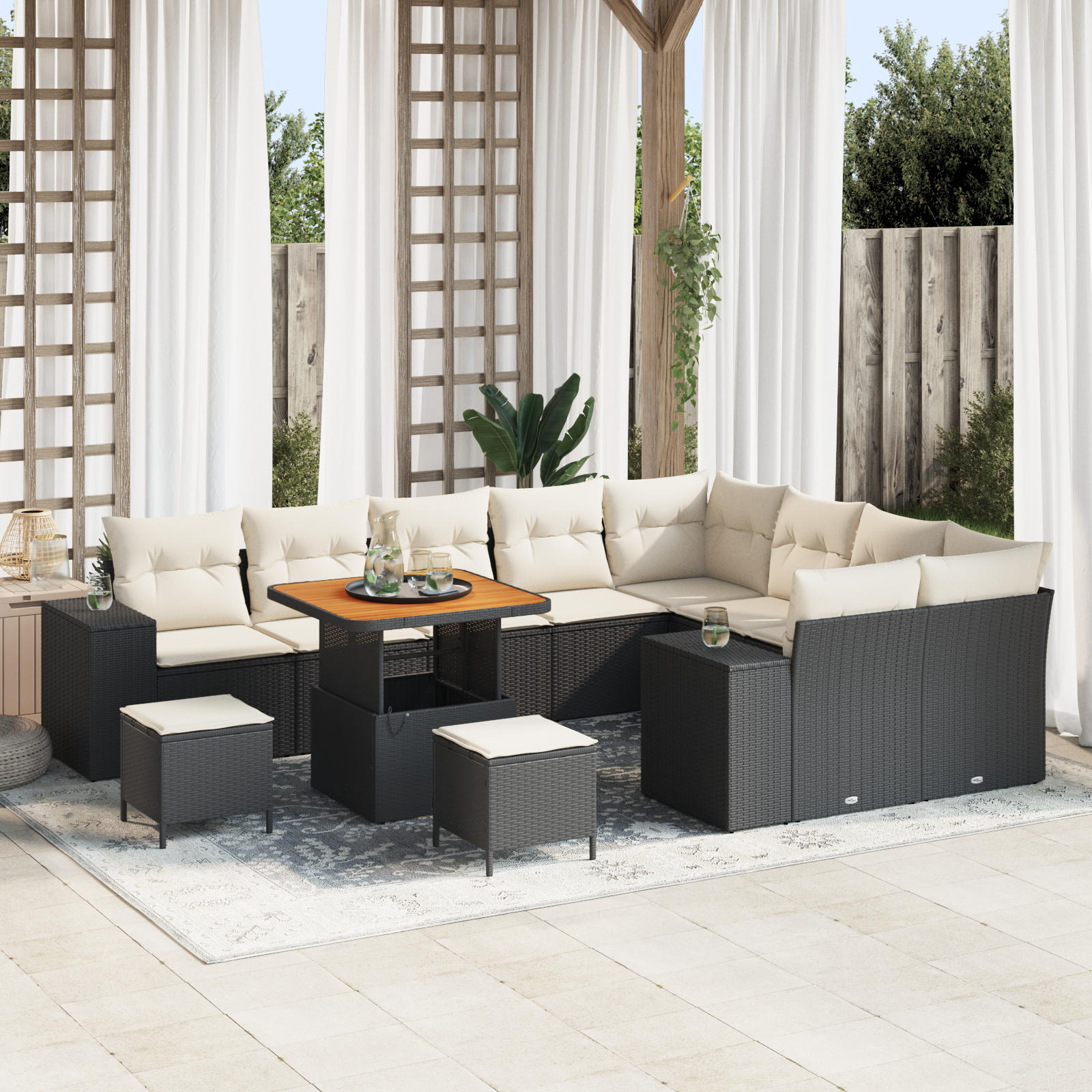 Canapele de exterior - Set Sofa Grădină  cu Perne Negru Rattan Sintetic Acacia, Set Dining Grădină  cu Perne Negru Rattan Sintetic Acacia