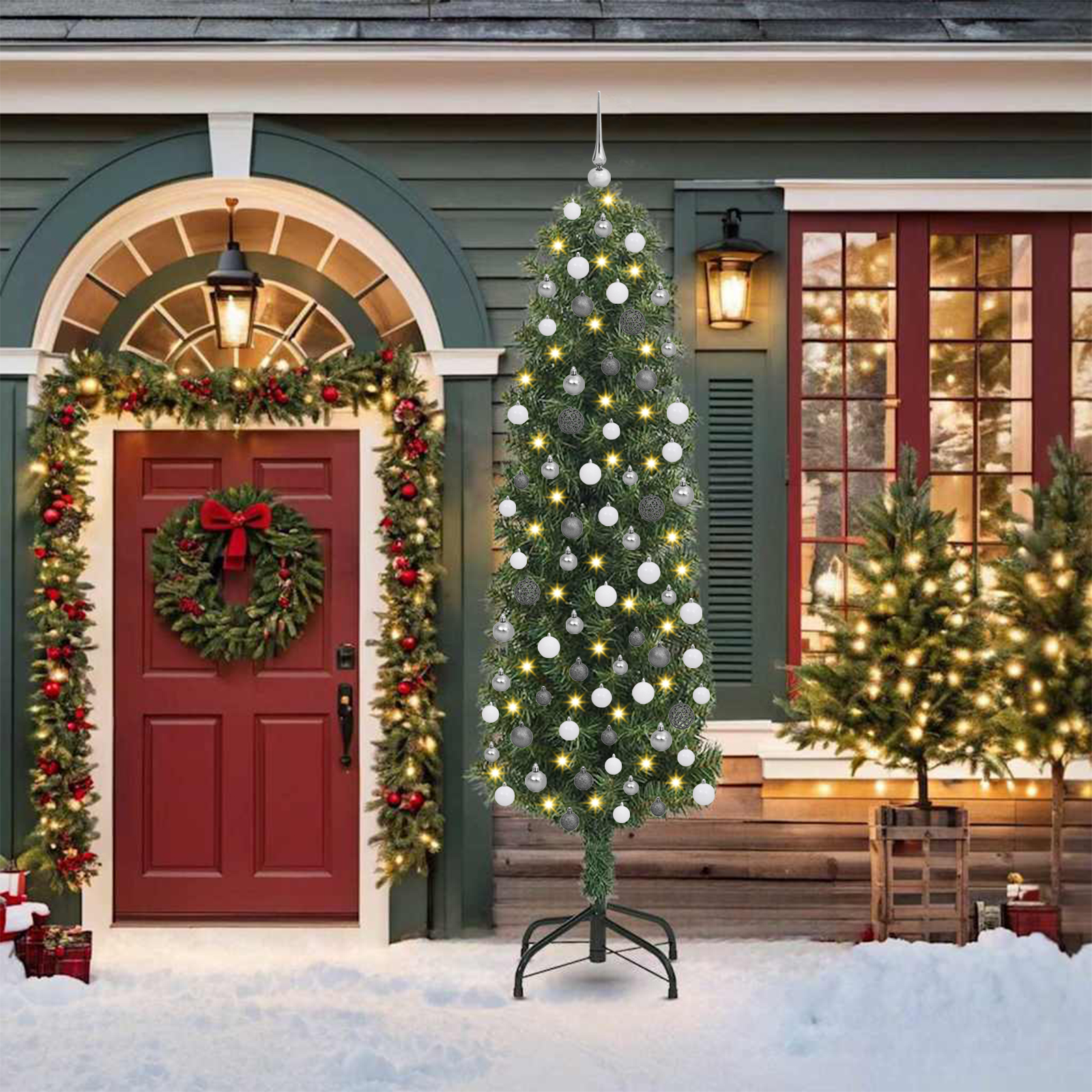  Decorațiuni casă și accesorii  - Brad de Crăciun subțire 300 LED-uri & Set de Bile Verde 210 cm