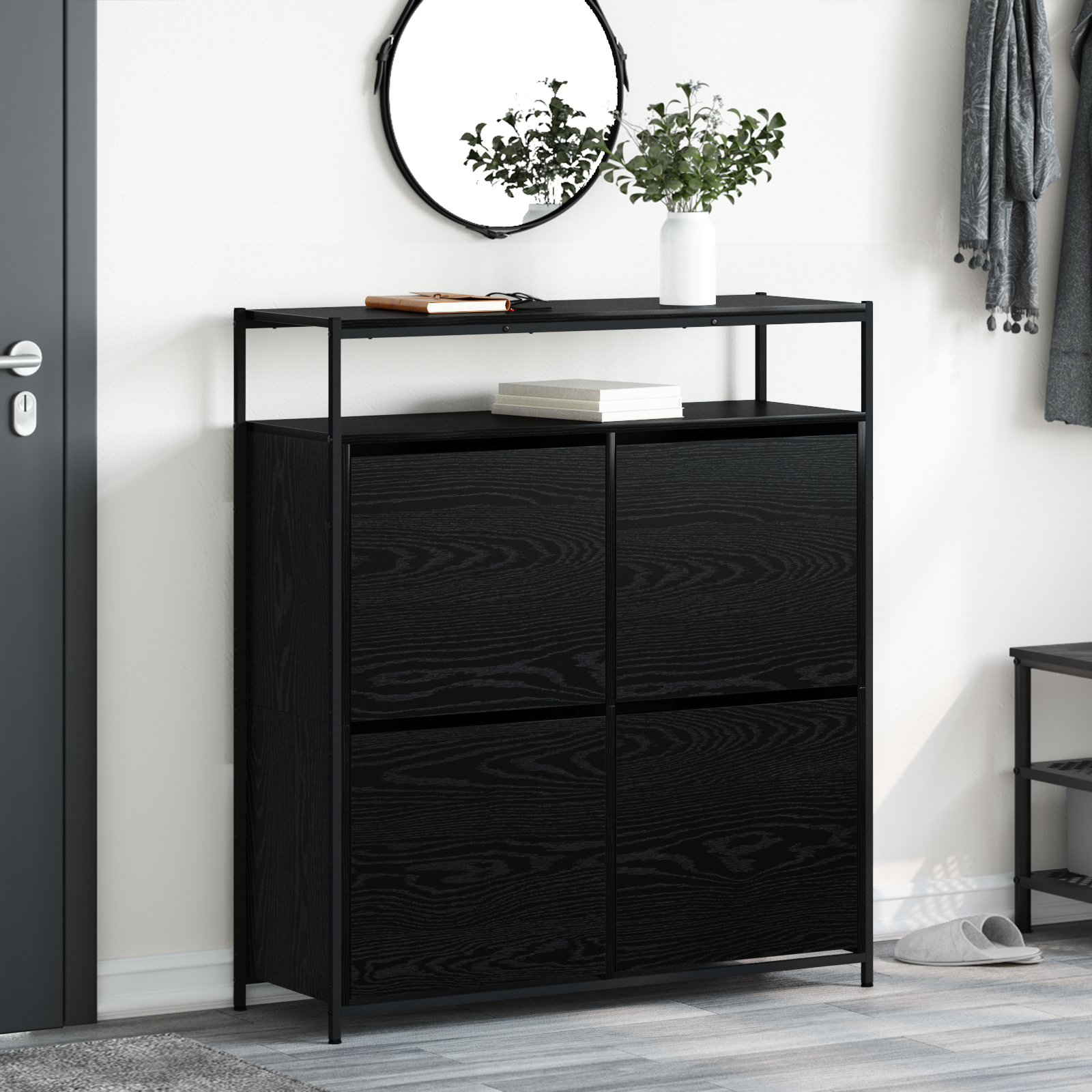 Soluții de depozitare și organizare - Cabinet pentru pantofi cu 4 sertare flip Black Oak 100x34x112 cm