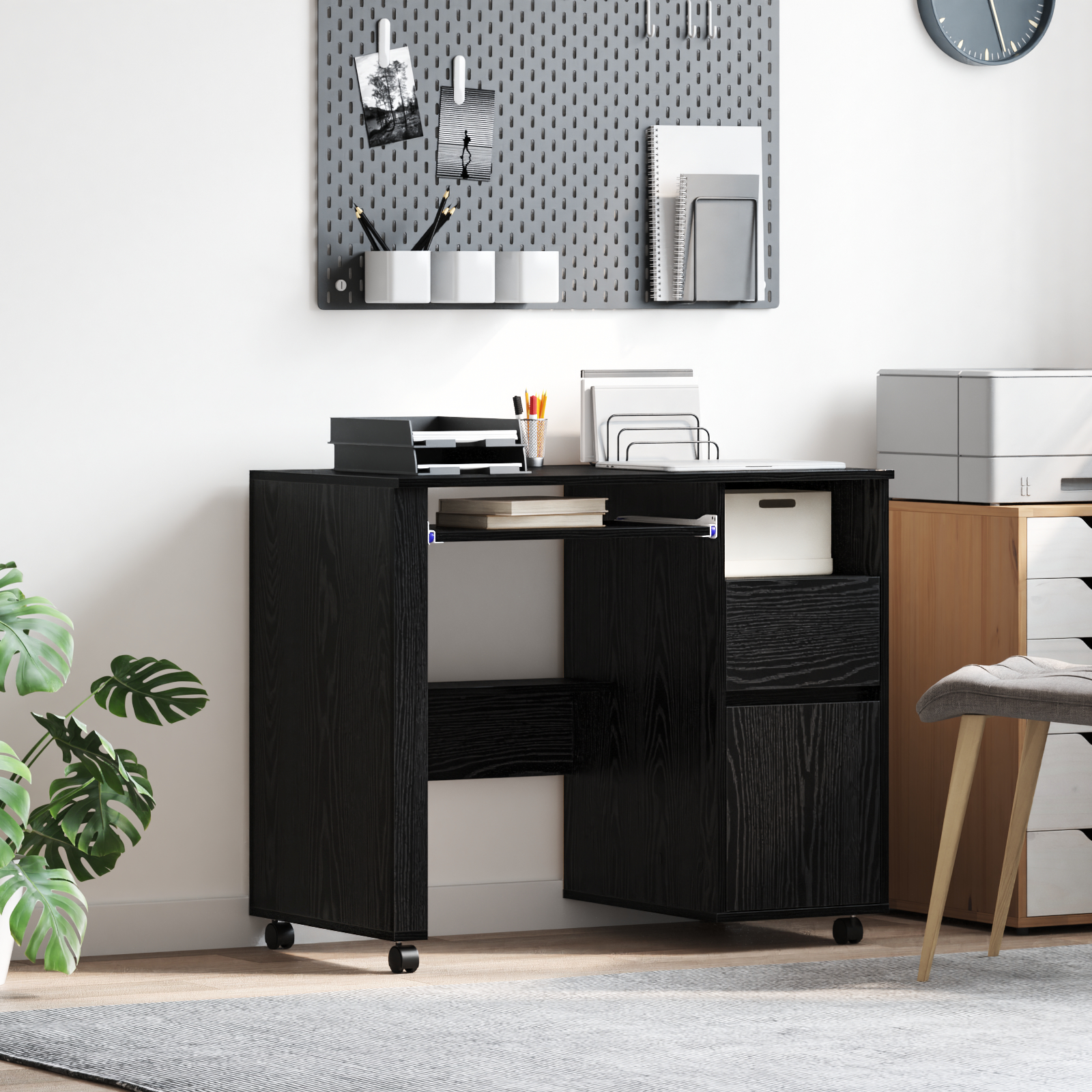 Birouri și mese de birou - Birou Negru din Stejar Stejar Negru Lemn prelucrat, Metal Mediu