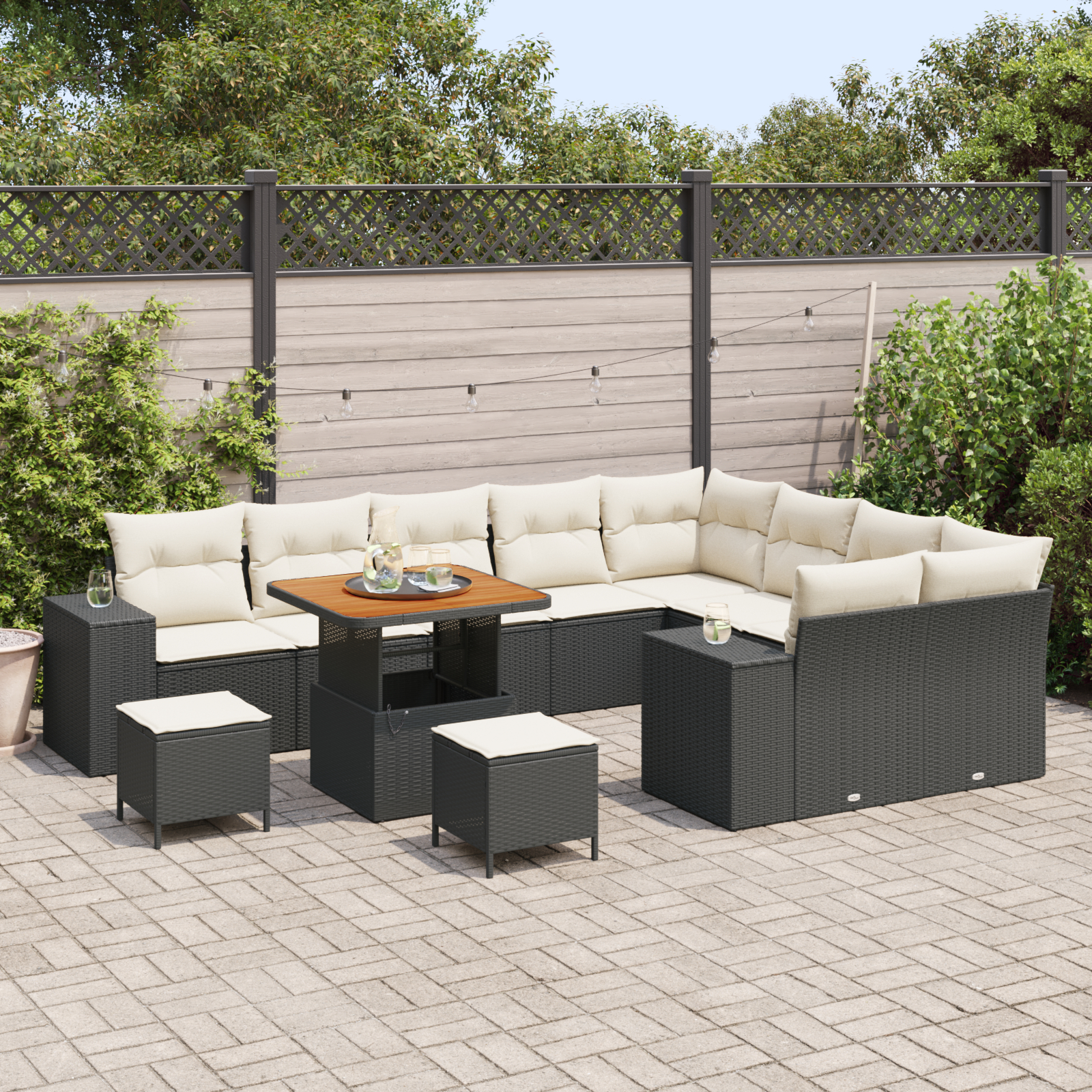 Set Sofa Grădină  cu Perne Negru Rattan Sintetic Acacia, Set Dining Grădină  cu Perne Negru Rattan Sintetic Acacia [2]