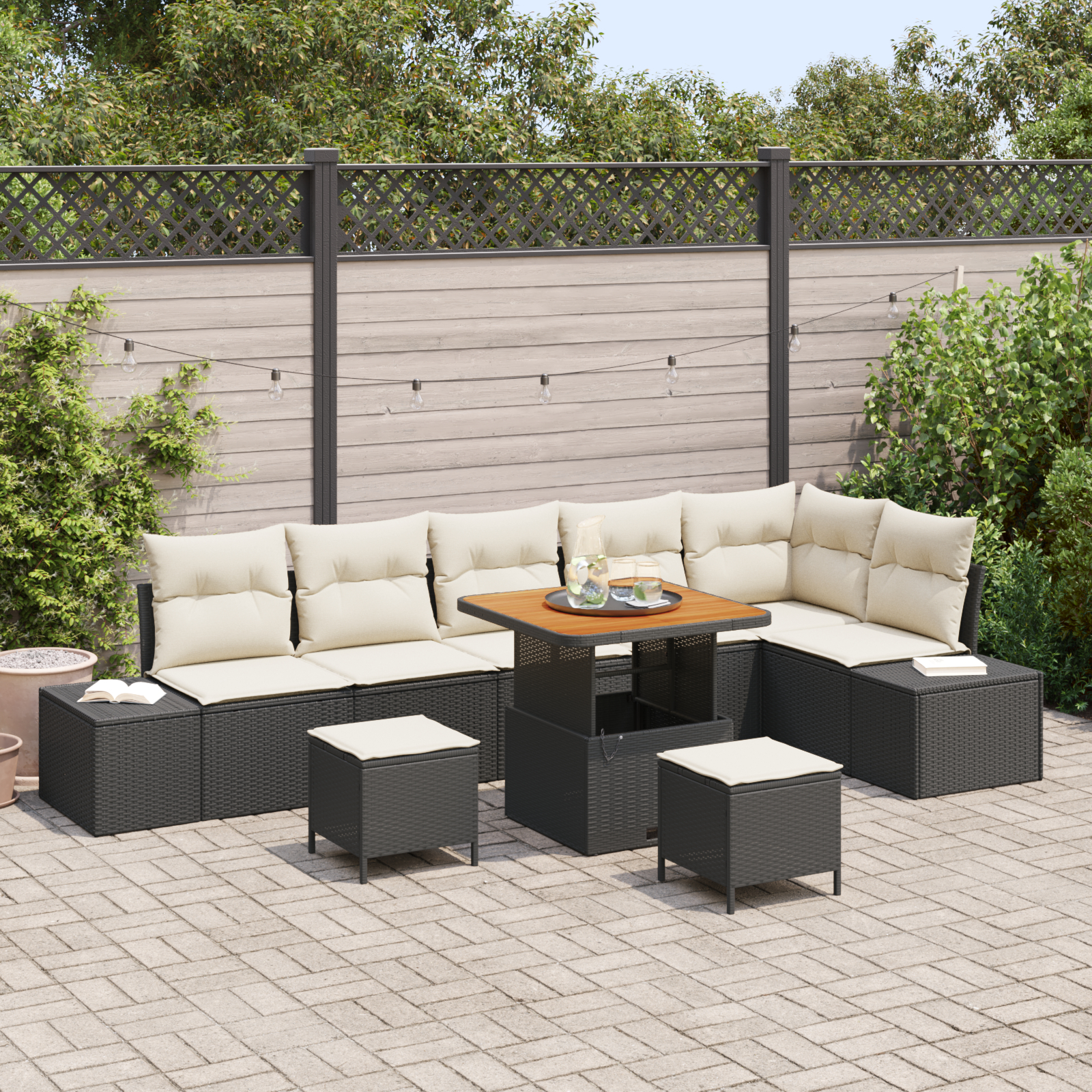 Canapele de exterior - Set canape 9 piese grădină cu perne Negru Rattan poli Acacia, Canapea grădină 2 locuri cu depozit și perne Negru Rattan poli, Set dining 3 piese grădină cu perne Negru Rattan poli Acacia