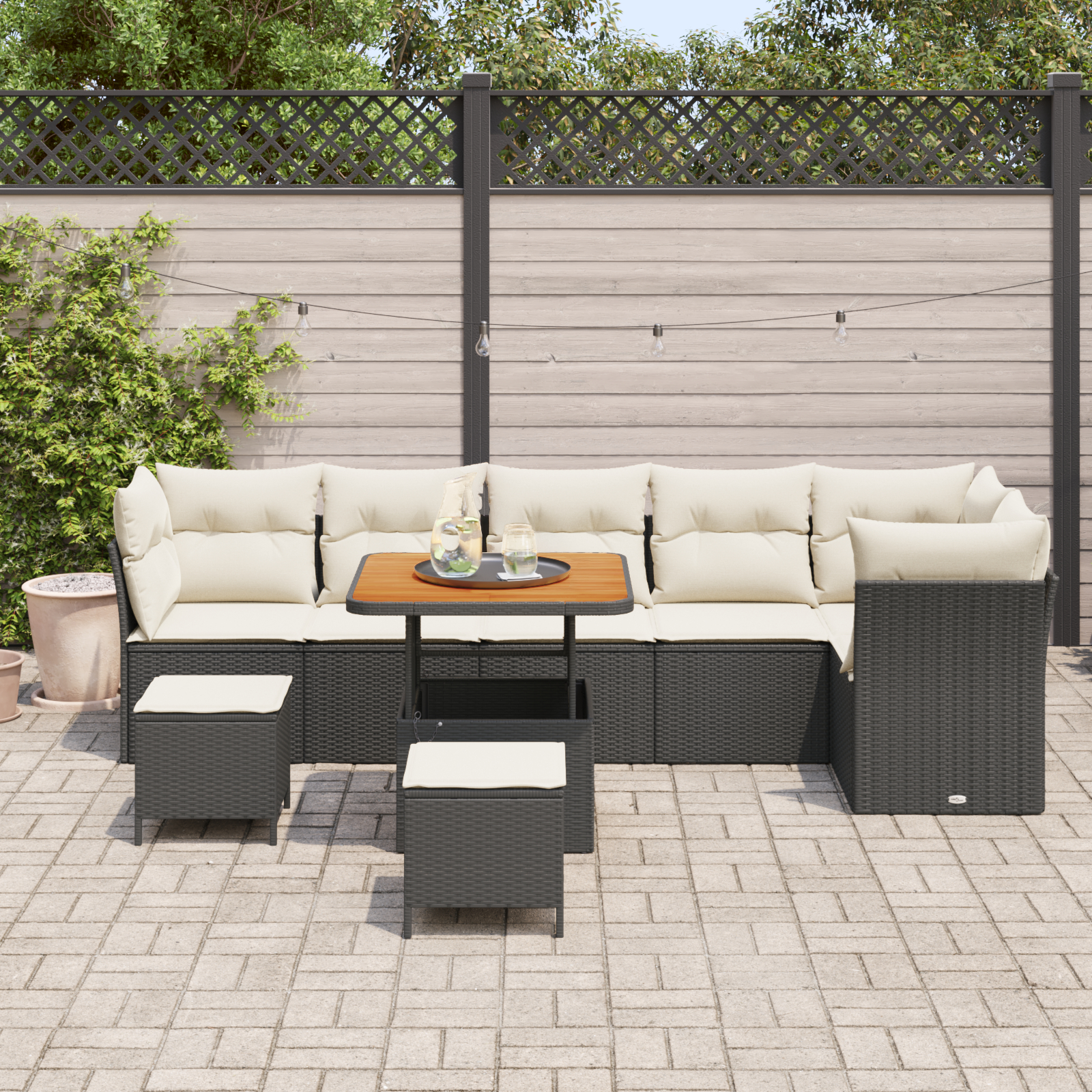 Set Sofas Grădină  9 Piese cu Perne Negru Poliratan Acacia, Set Dining Grădină  3 Piese cu Perne Negru Poliratan Acacia [2]