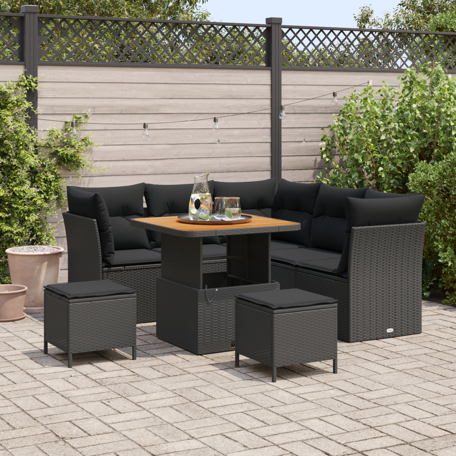 Canapele de exterior - Set de canapea de grădină  8 piese cu perne Negru Poli rattan Acacia, Set de dining de grădină  3 piese cu perne Negru Poli rattan Acacia