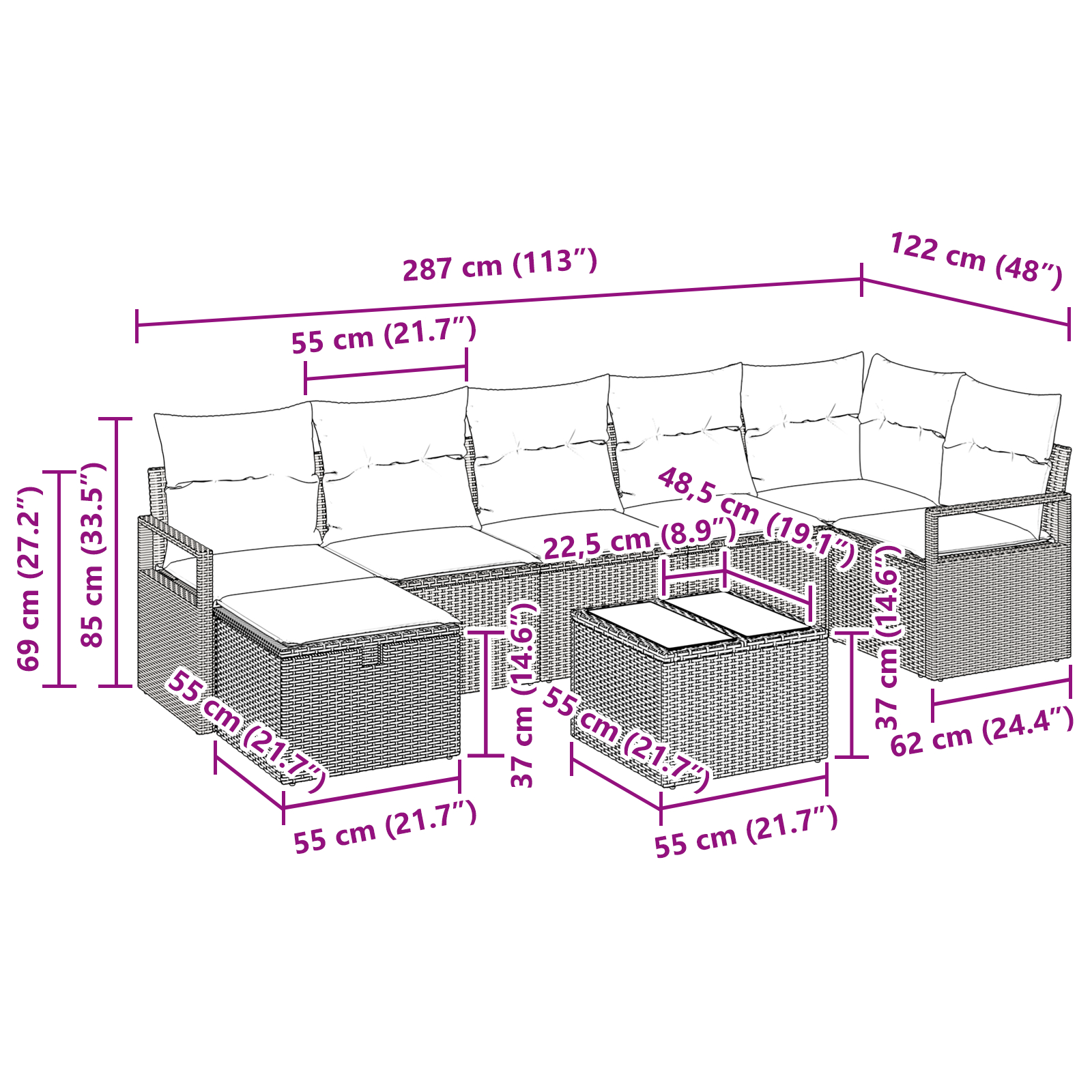 Set de Sofa pentru Grădină  cu Perne Gri Deschis din Poliratan, Canapea pentru 2 Persoane  cu Perne Gri din Poliratan [10]