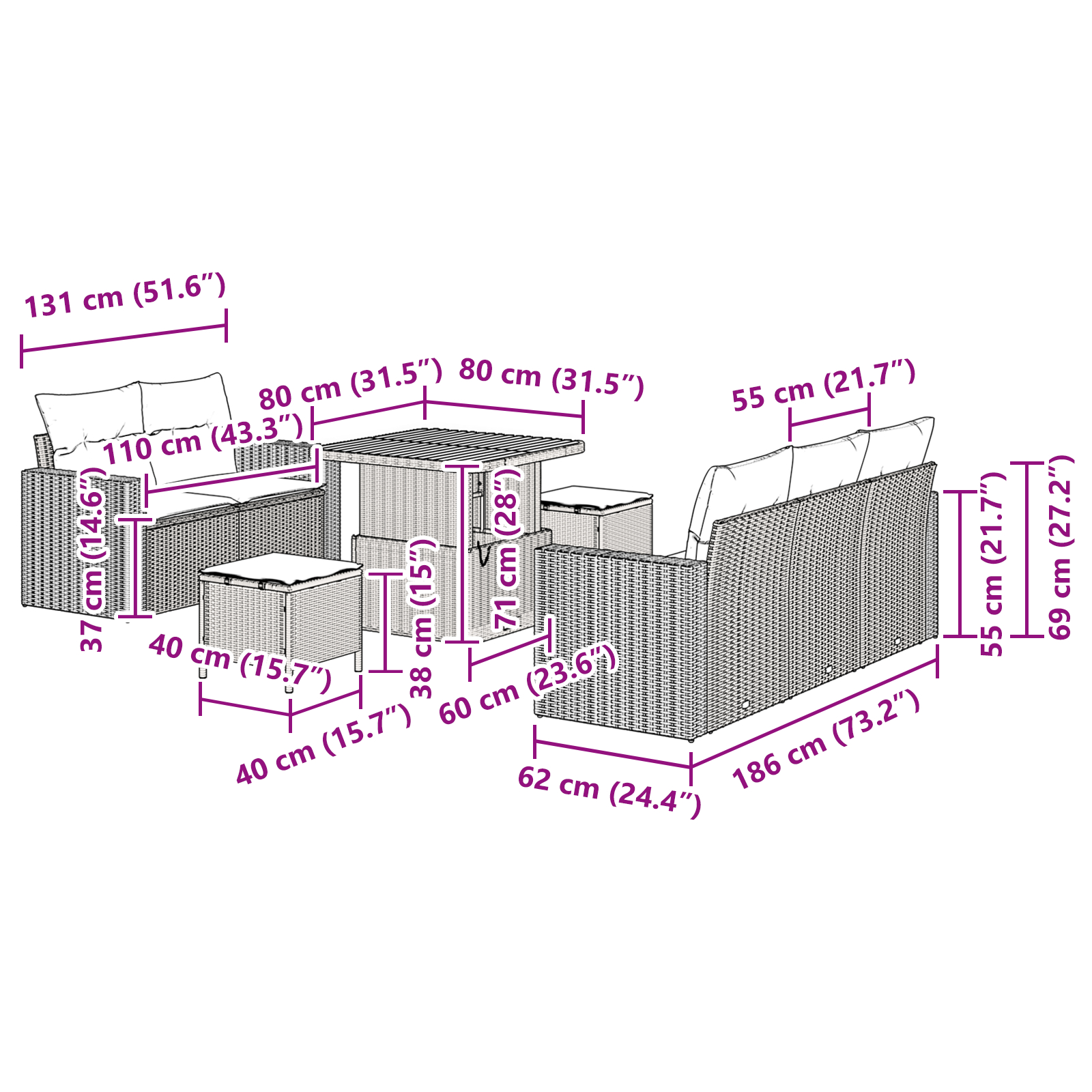 Set canapea de grădină  8 piese cu perne Ratan poly negru Acacia, Set de dining de grădină  3 piese cu perne Ratan poly negru Acacia [9]