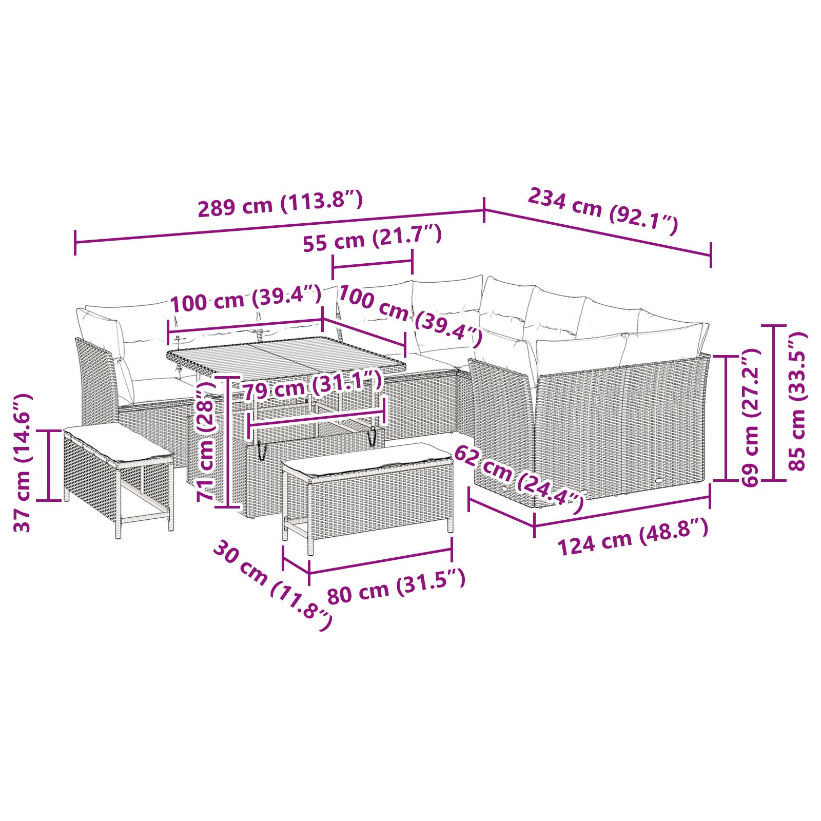 Set de sofa de grădină  12 piese cu perne Negru Poli Ratan Acacia, Set de dining de grădină  3 piese cu perne Negru Poli Ratan Acacia [8]