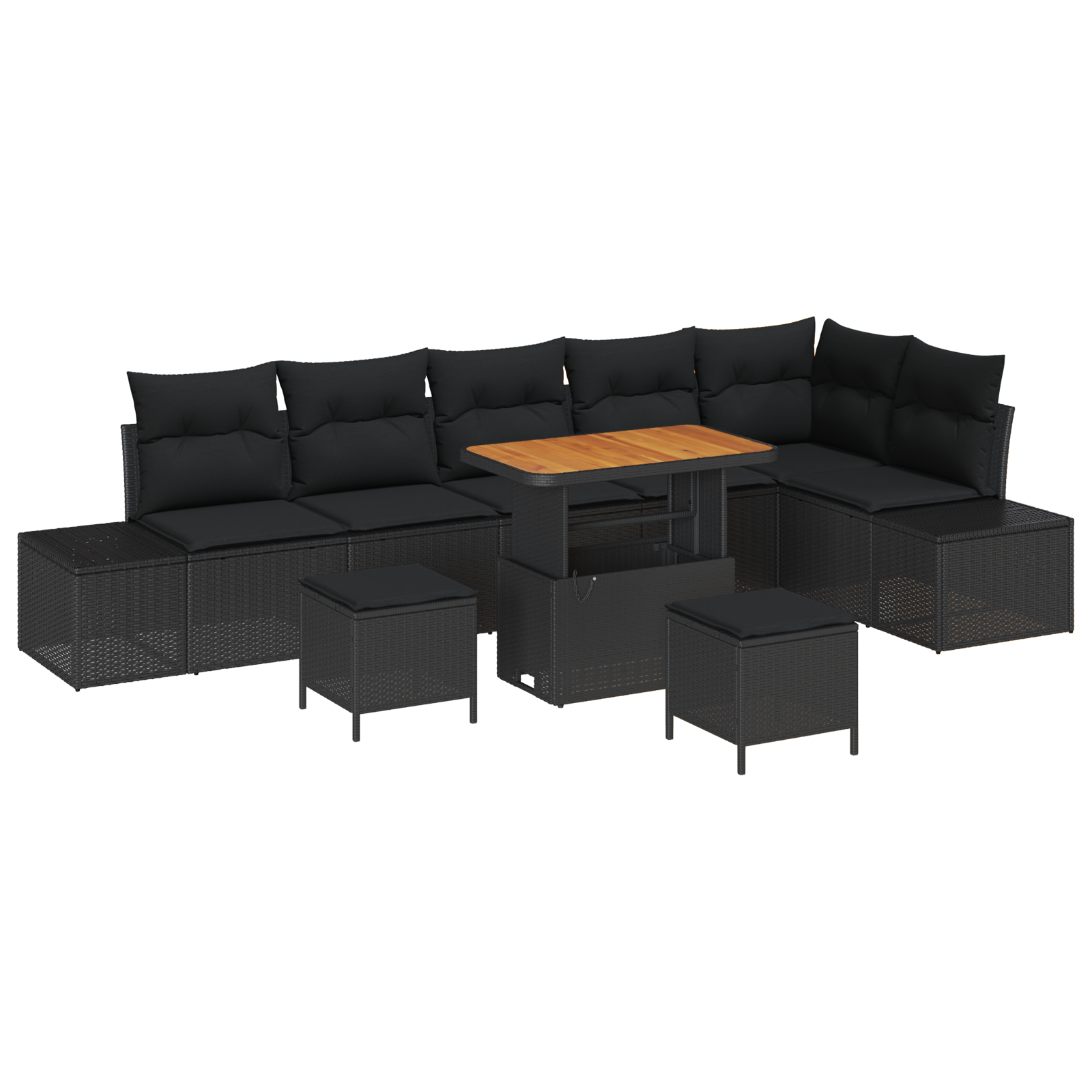 Set de Sofa Grădină cu 9 Piese cu Perne Negru Poliratan Acacia, Sofa Grădină cu 2 Locuri cu Stocare și Perne Negru Poliratan, Set de Dining Grădină cu 3 Piese cu Perne Negru Poliratan Acacia [1]
