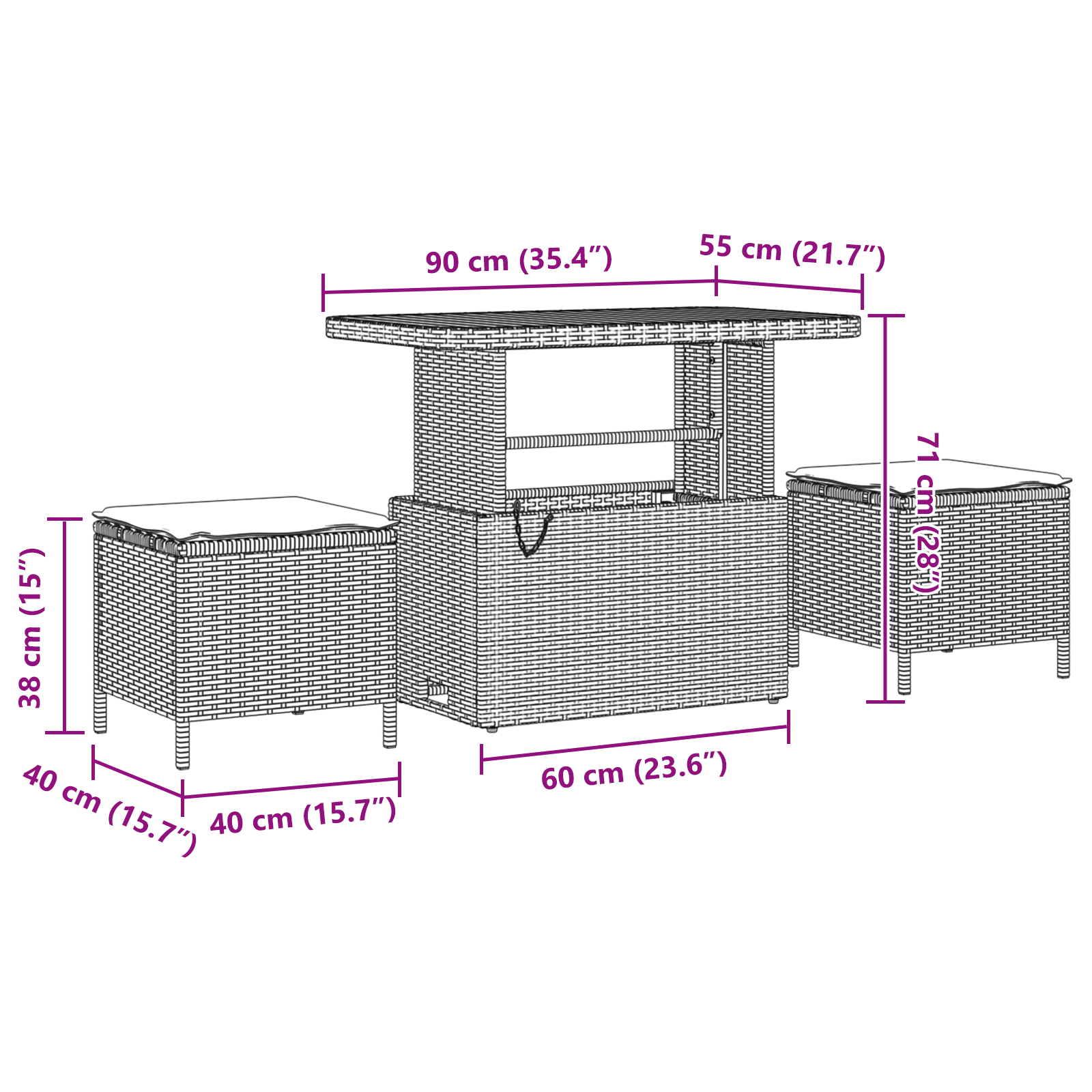 Set de sofa de grădină  cu 13 piese și perne negre din poliratan, Set de dining de grădină  cu 3 piese și perne negre din poliratan [8]