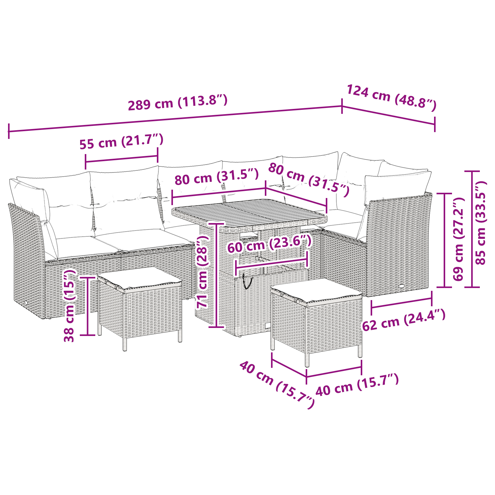 Set de 9 piese pentru grădină cu perne bej din poliratan acacia,  Set de 3 piese pentru dining în grădină cu perne bej din poliratan acacia [8]