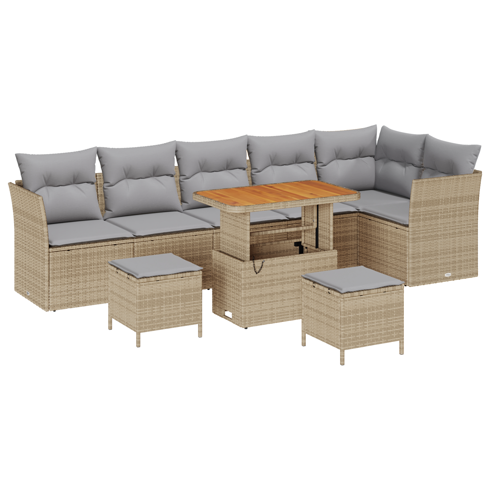 Set de sofas de grădină  9 Piese cu Perne Bej Poliratan Acacia, Set de dining de grădină  3 Piese cu Perne Bej Poliratan Acacia [1]