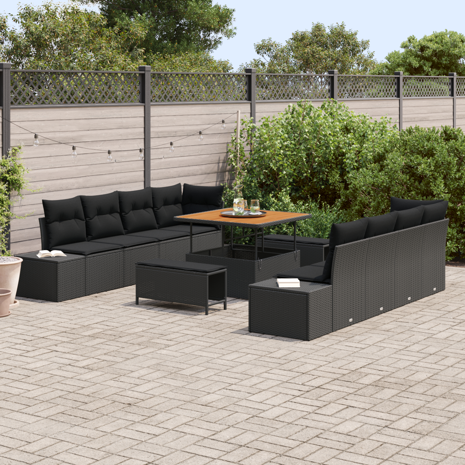 Set de canapea de grădină  cu 11 piese și perne Negru Rattan sintetic Acacia, Canapea de grădină  cu 2 locuri cu depozitare și perne Negru Rattan sintetic, Set de dining de grădină  cu 3 piese și pern [2]